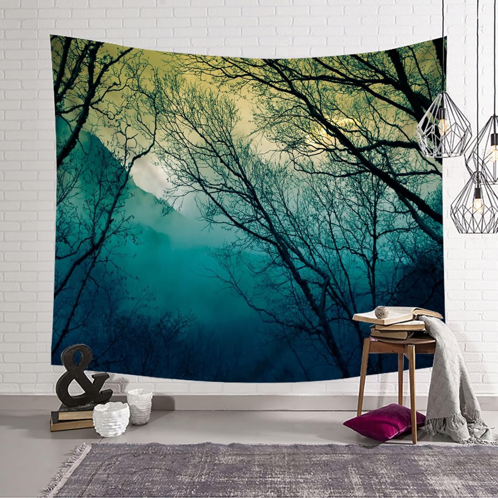 Homxi Tappeto da Parete Decorazione per Cameretta 200 W x 200 H CM, Paesaggio di Boschi Nebbiosi, Arazzo da Salotto Poliestere, Grigio Verde