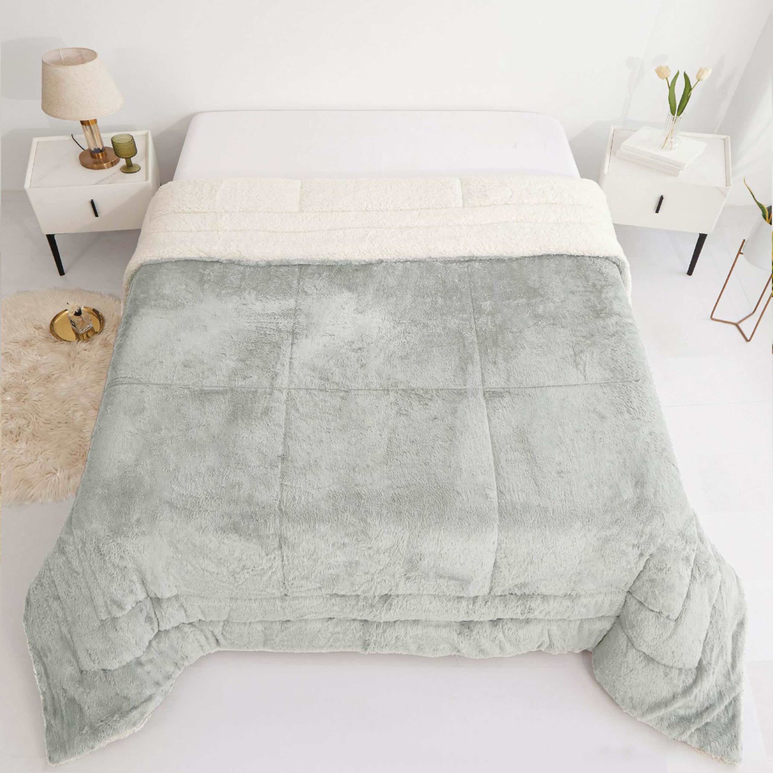 Edredón Invierno Borreguillo Nórdico 240x260 para Cama 135/150 Sin Funda Almohada - Edredón Borrego Sherpa Extra Suave, Cálido, Gruesa - Liso Gris Claro