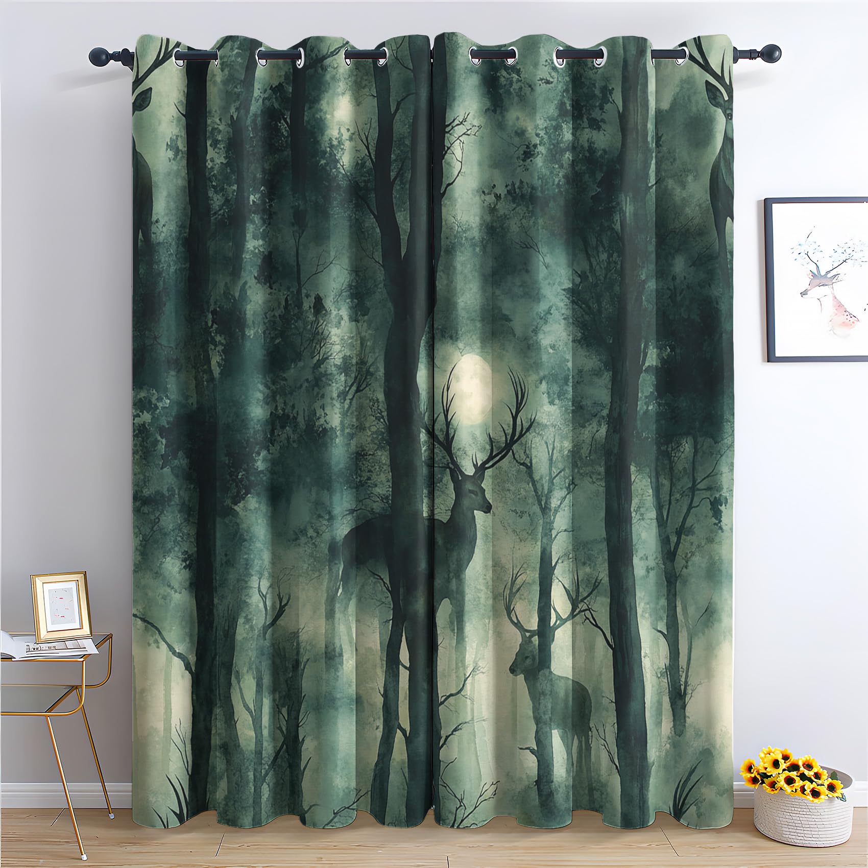 Niyaka Deep Green Forest Curtain Blackout, Deer Woodland Curtains 66X72, Living Room & Bedroom Decor Drapes, Thermal Insulated Eyelet Window Treatments 72 Drop, 2 Panels