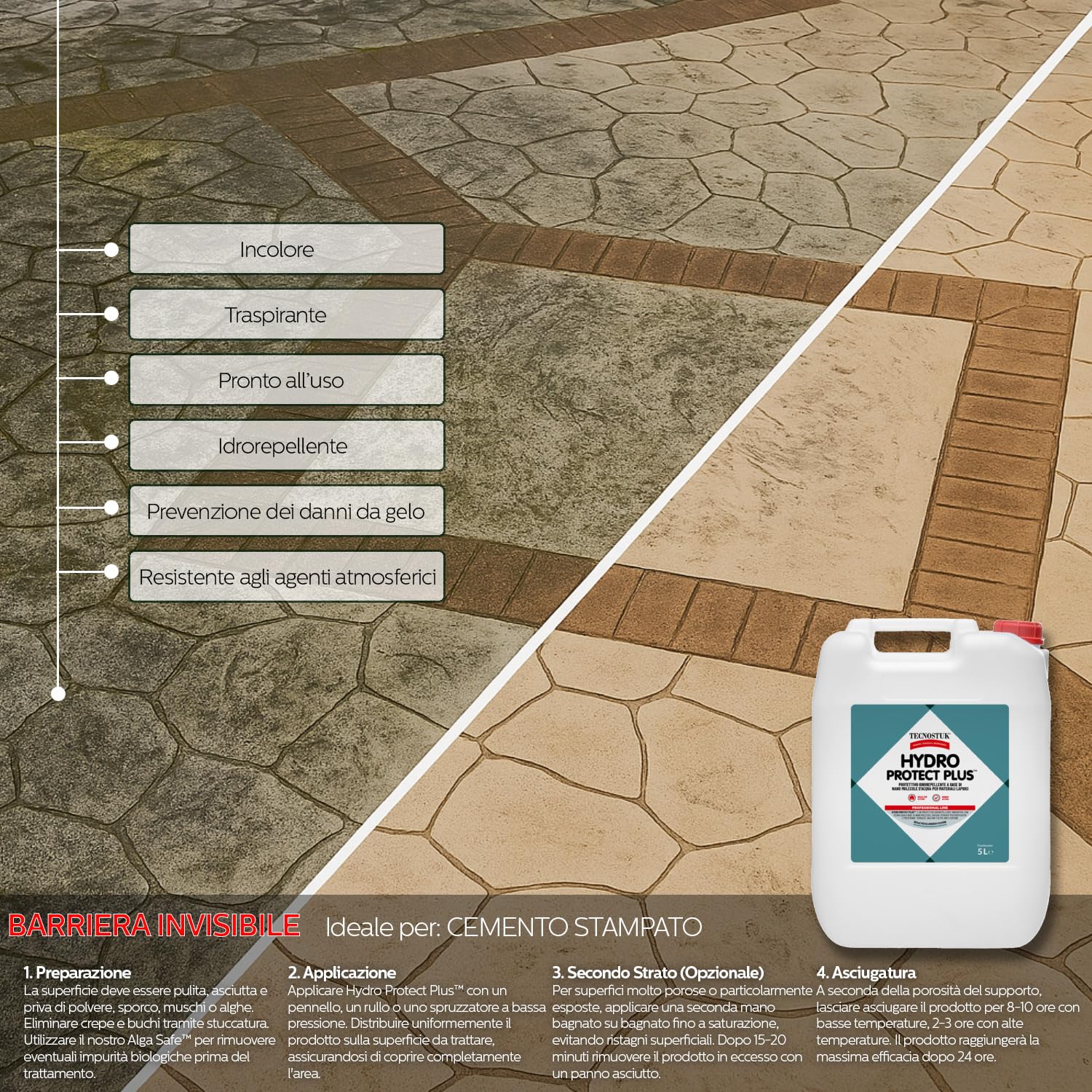HydroProtectPlus Impermeabilizzante Terrazzi Nanotecnologico Trasparente - Idrorepellente per Pietra, Marmo, Cotto, Cemento, Mattoni - Traspirante Impermeabile per Piastrelle per Esterno (5 LITRI)