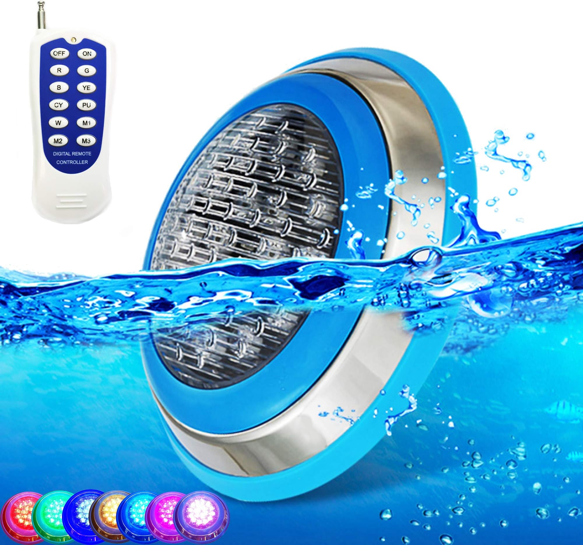 LED Underwater Swimming Pool Lights,54W RGB Color Changing, 12V AC,50ft Cord Wall Surface Mounted IP68 Waterproof,Stainless Steel,with Remote Controller (50ft Cord)