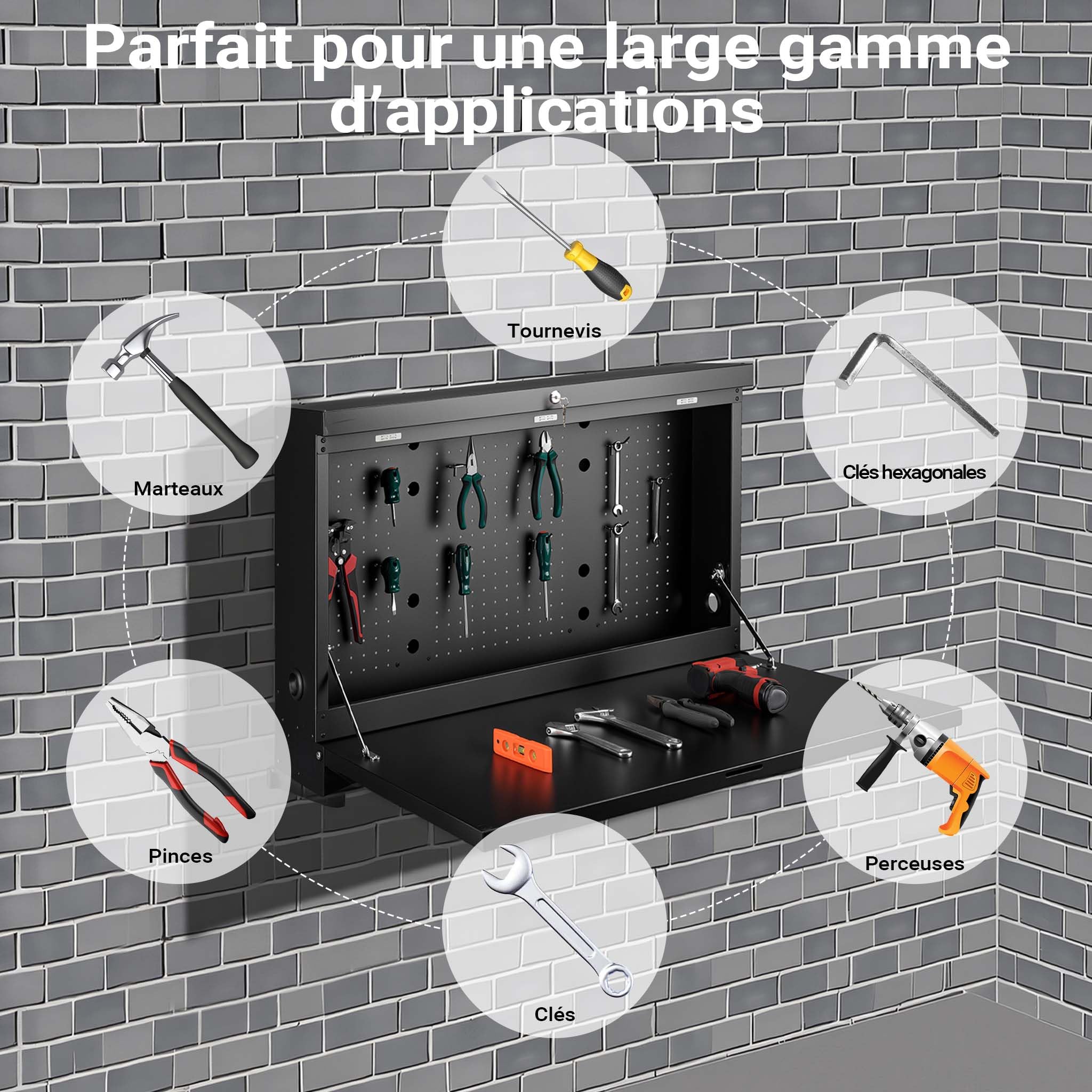 Wiltec Établi Mural Pliant – 912 x 200 x 610 mm – 50 kg Max. – en Acier – Verrouillable – avec Panneau d’accrochage – Banc de Travail Atelier Maison Bricolage