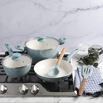 Gibson Home Plaza Cafe Forged Aluminum Healthy PFA-Free Ceramic Pots and Pans Cookware Set, 7-Piece Set, Sky Blue