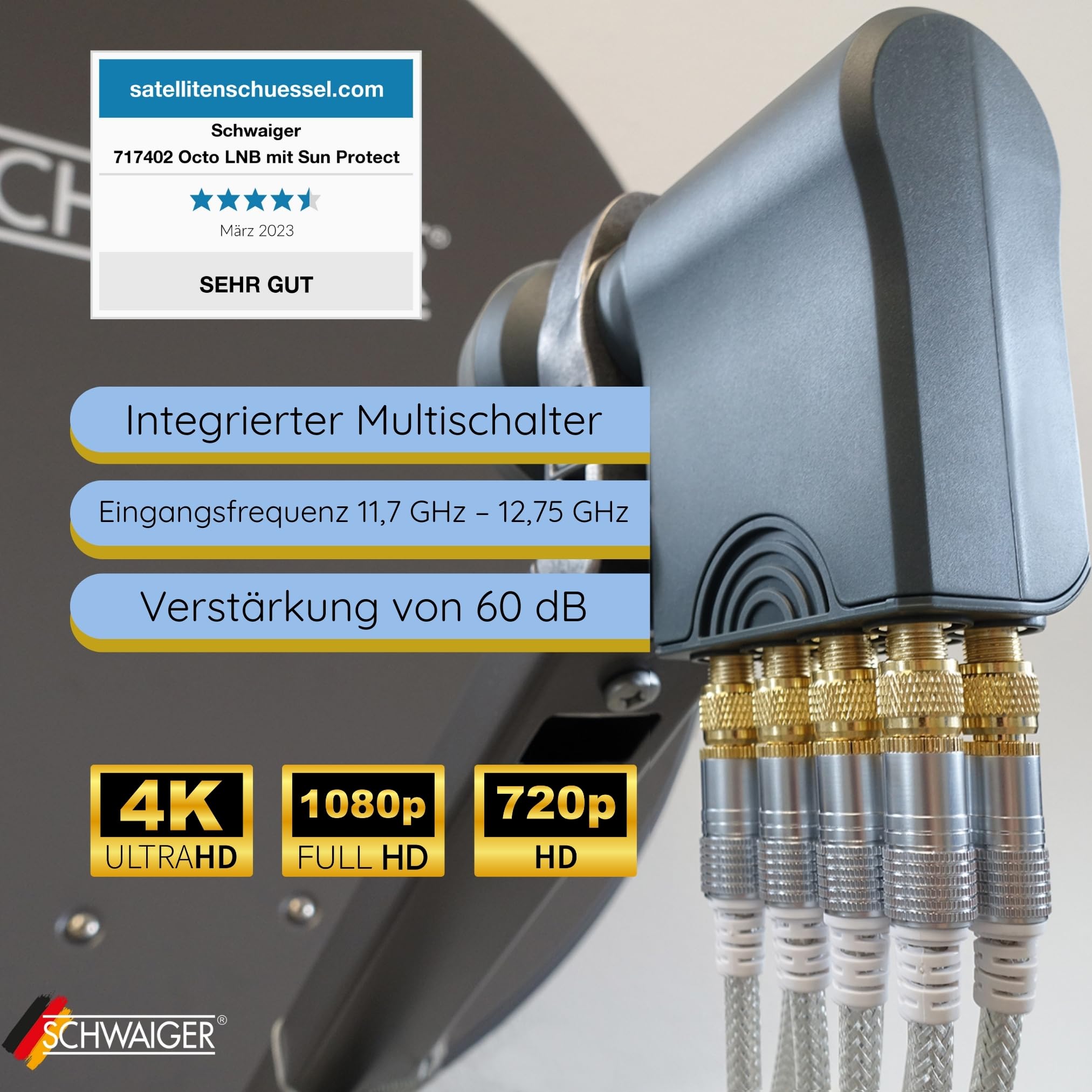 SCHWAIGER -717402- Octo LNB z ochroną przeciwsłoneczną | cyfrowy | 8 uczestników | ekstremalnie odporna na wysokie temperatury nasadka LNB | zastosowanie z anteną satelitarną | nadaje się do multifeed z ochroną przed warunkami atmosferycznymi i pozłacanym