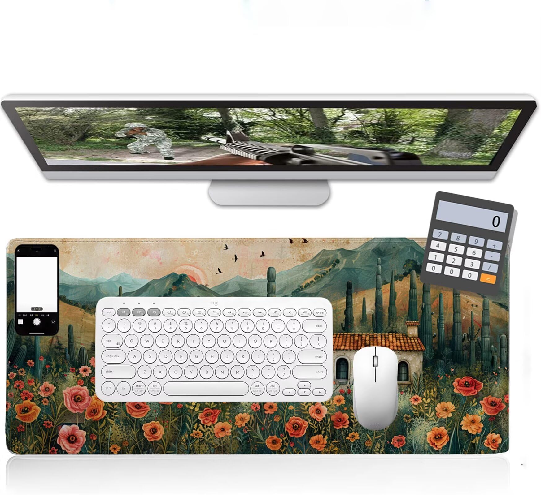 Podkładka pod mysz 1500 x 800 x 3 mm kaktus pod rękę biurko kwiat wodoodporna antypoślizgowa, zmywalna gumowa podstawa, ulepszona szybkość i precyzja, podkładka pod mysz do ochrony biura, domu, PC K7