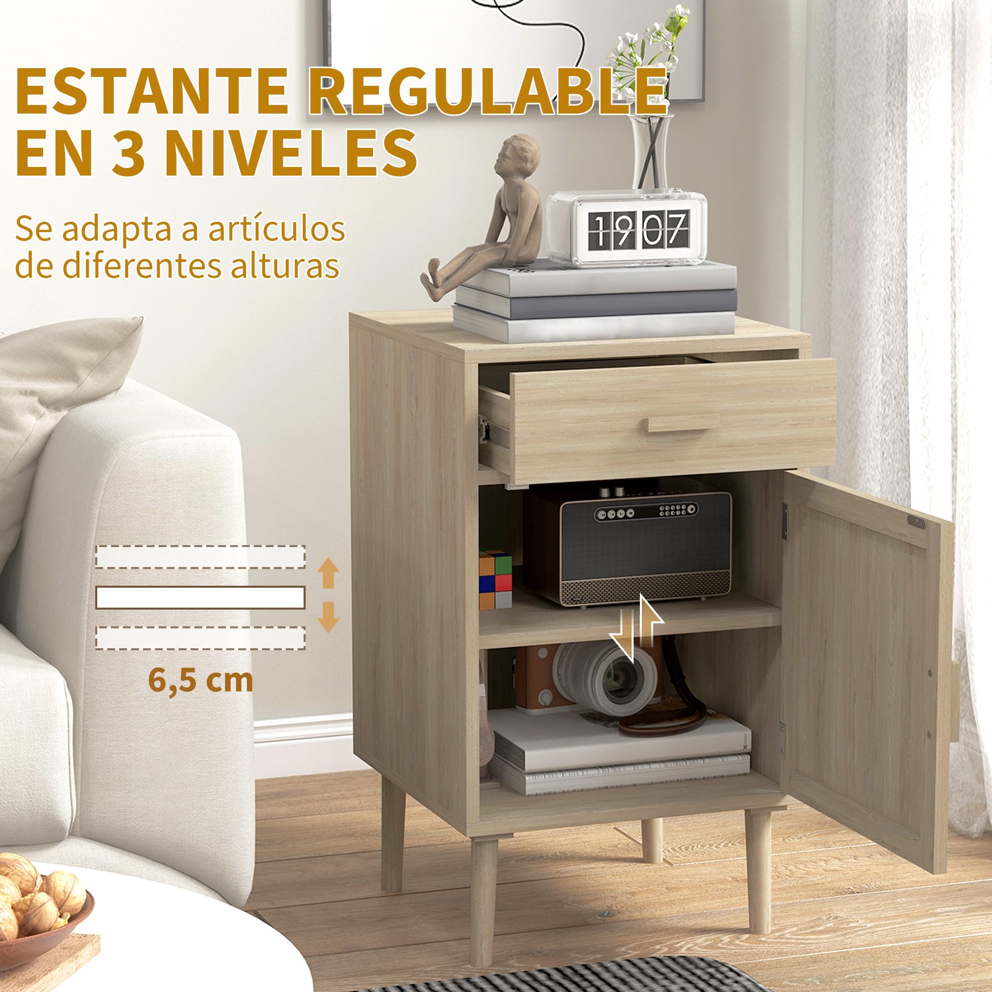 HOMCOM Juego de 2 Mesitas de Noche con Cajón de Ratán 40x40x68,5 cm Roble | Mesillas de Noche, Mesitas Auxiliares, Estante Ajustable, Pack de 2, Dormitorio, Salón