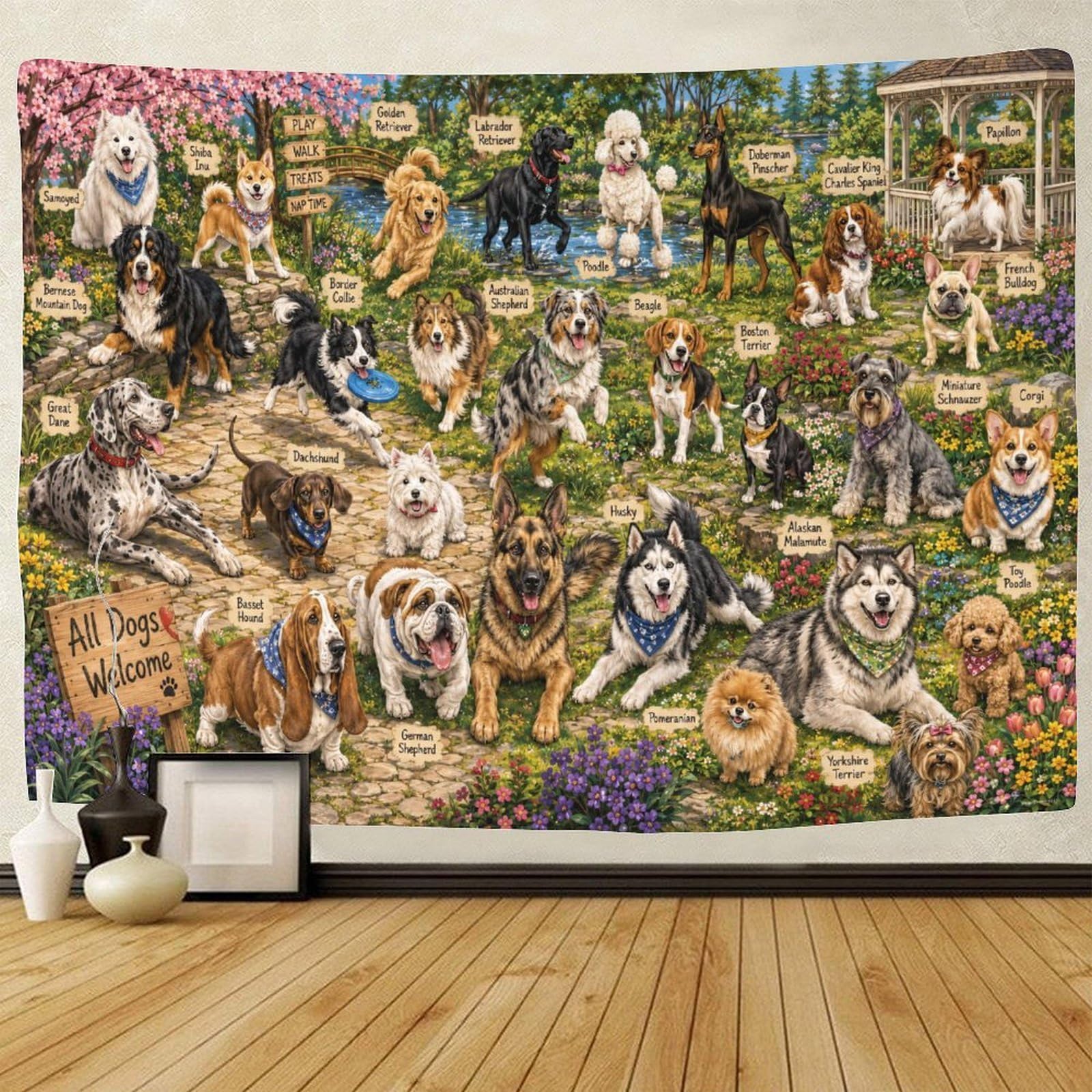 GPMNBCXZK Dog Breeds with Names Guide 3D Print Wall Tapestry Wall Hanging Decor Tapestries Home Decoration Curtain Living Room College Dorm 130cmx150cm