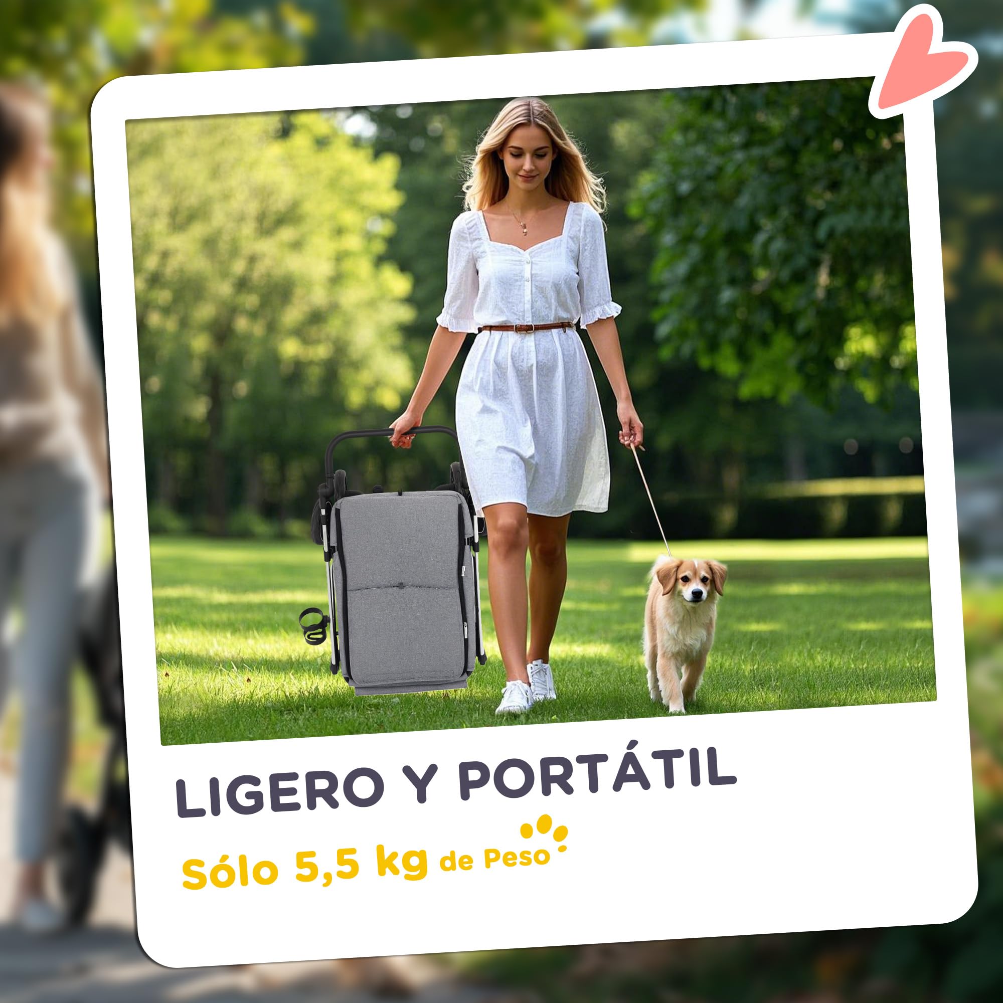 PawHut Carrito para Perros Plegable, Cochecito para Perros Pequeños y Seniors, Hasta 10 kg, Ruedas con Frenos 360º, Marco de Aluminio, Correa de Seguridad, Cojín Lavable y Ventanas, Gris