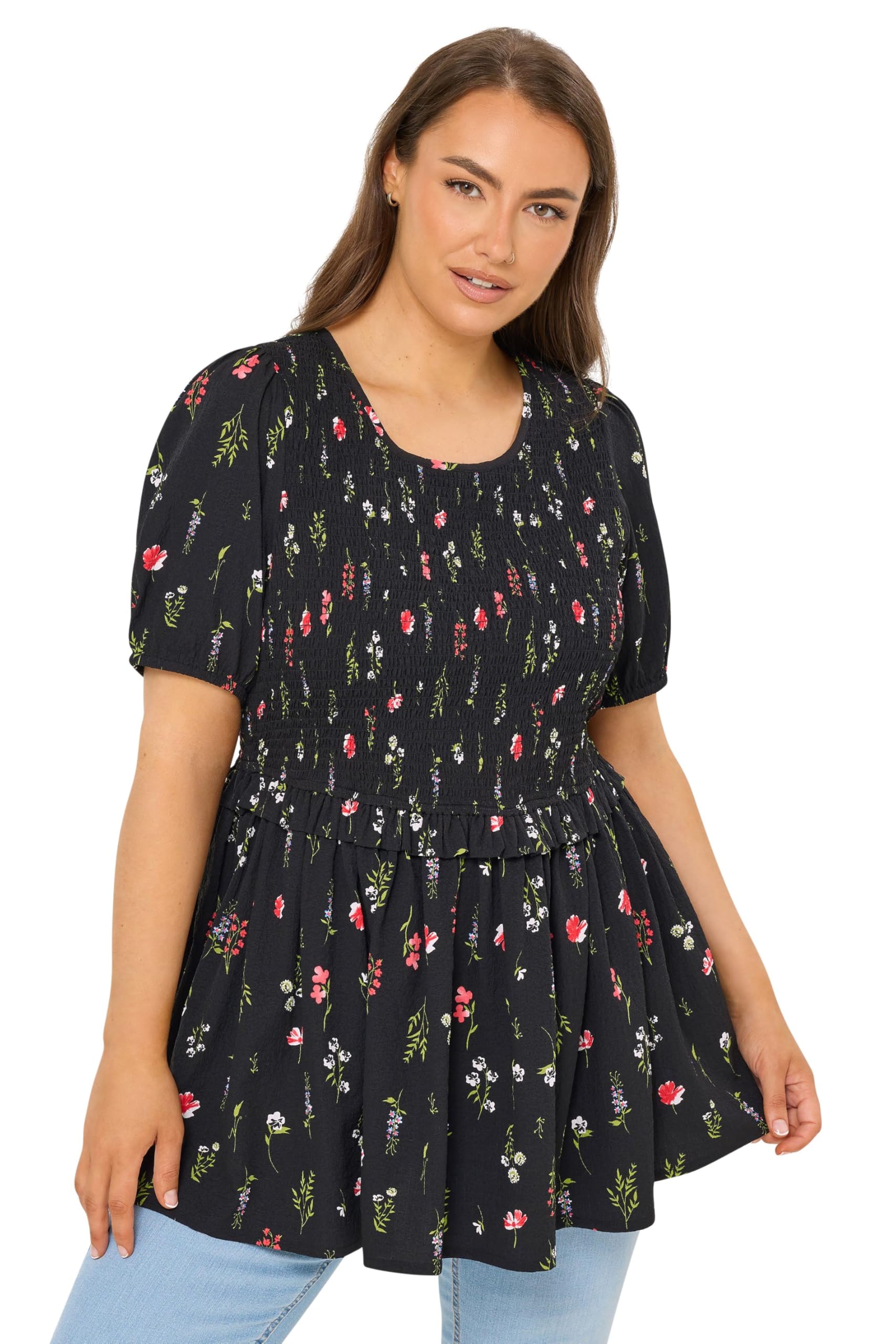 Yours Women's Black Floral Shirred Peplum Top In | : Size 20