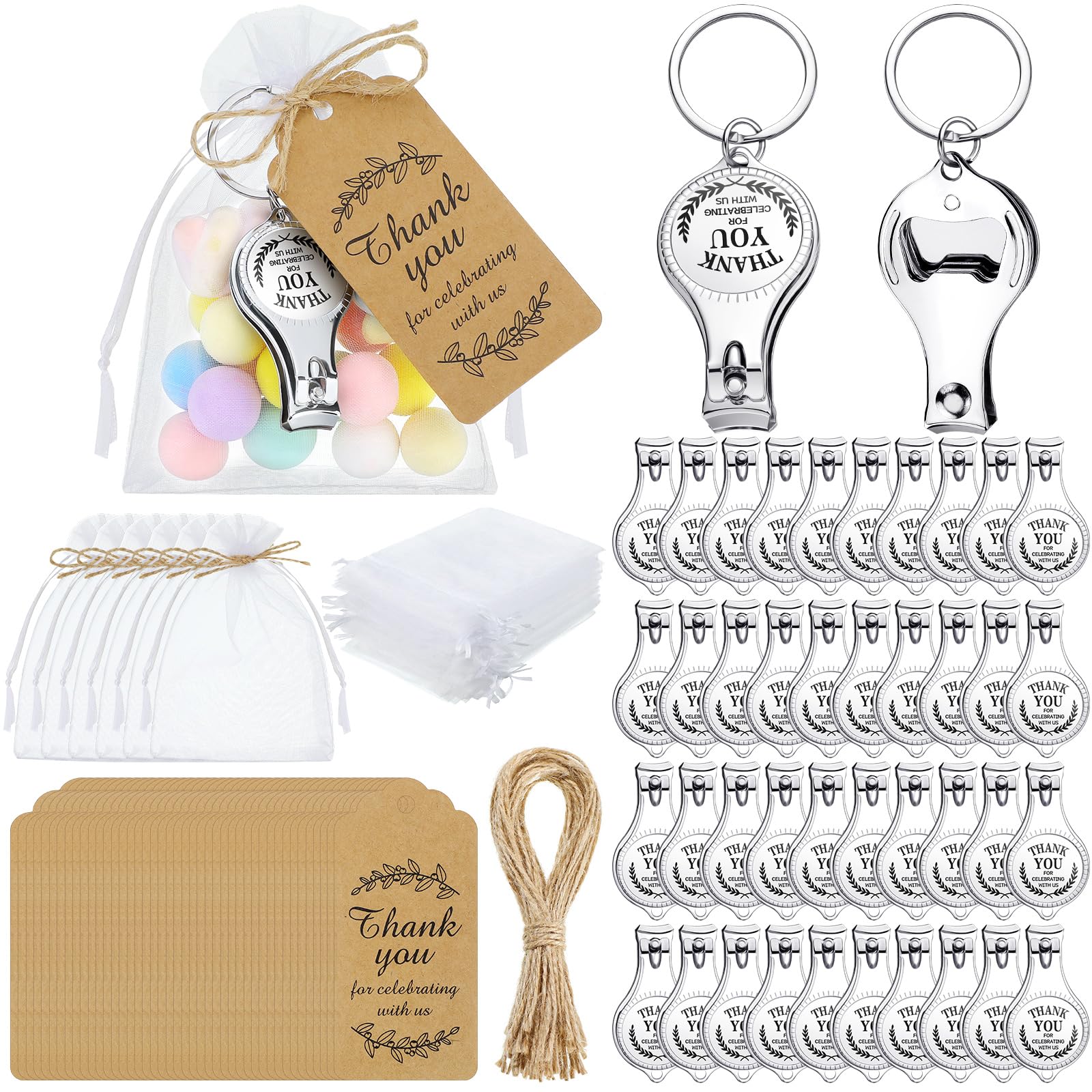 BBTO 50 Stück Babyparty-Gastgeschenke, Weihnachtsgeschenke für Gäste, Baby-Party-Flaschenöffner, Nagelknipser, Schlüsselanhänger, Dankeschön-Tags und Organza-Beutel für Babyparty, Hochzeit,