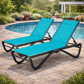 Kozyard Outdoor Chaise Lounge Chair, All Aluminum Frame, Fully Flat Adjustable Reclining Patio Lounger for Pool Sun Shelf, Tanning Ledge, Sunbathing & Backyard, Textilene Aqua, 2Chairs