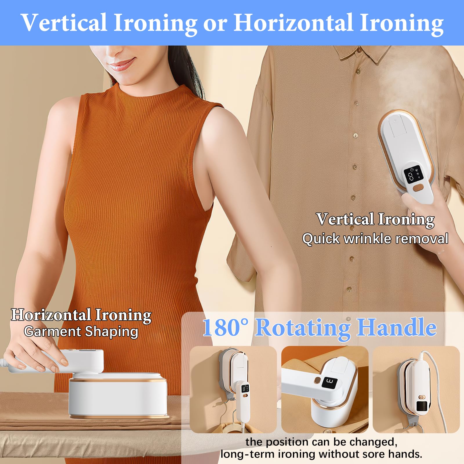 Steam Iron Travel Steamer with LCD Screen, 10S Fast Heat-up 2000W Steamer Clothing with 180° Rotatable Handle, Portable Handheld Clothes Steamer, 3 Steam Levels for Travel, Home, Office Y