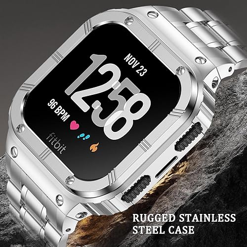 Miniatura 2 de Correa de reloj de acero inoxidable con funda compatible con Fitbit Versa/Fitbit Sense Bands, pulseras de metal protectoras resistentes para hombres