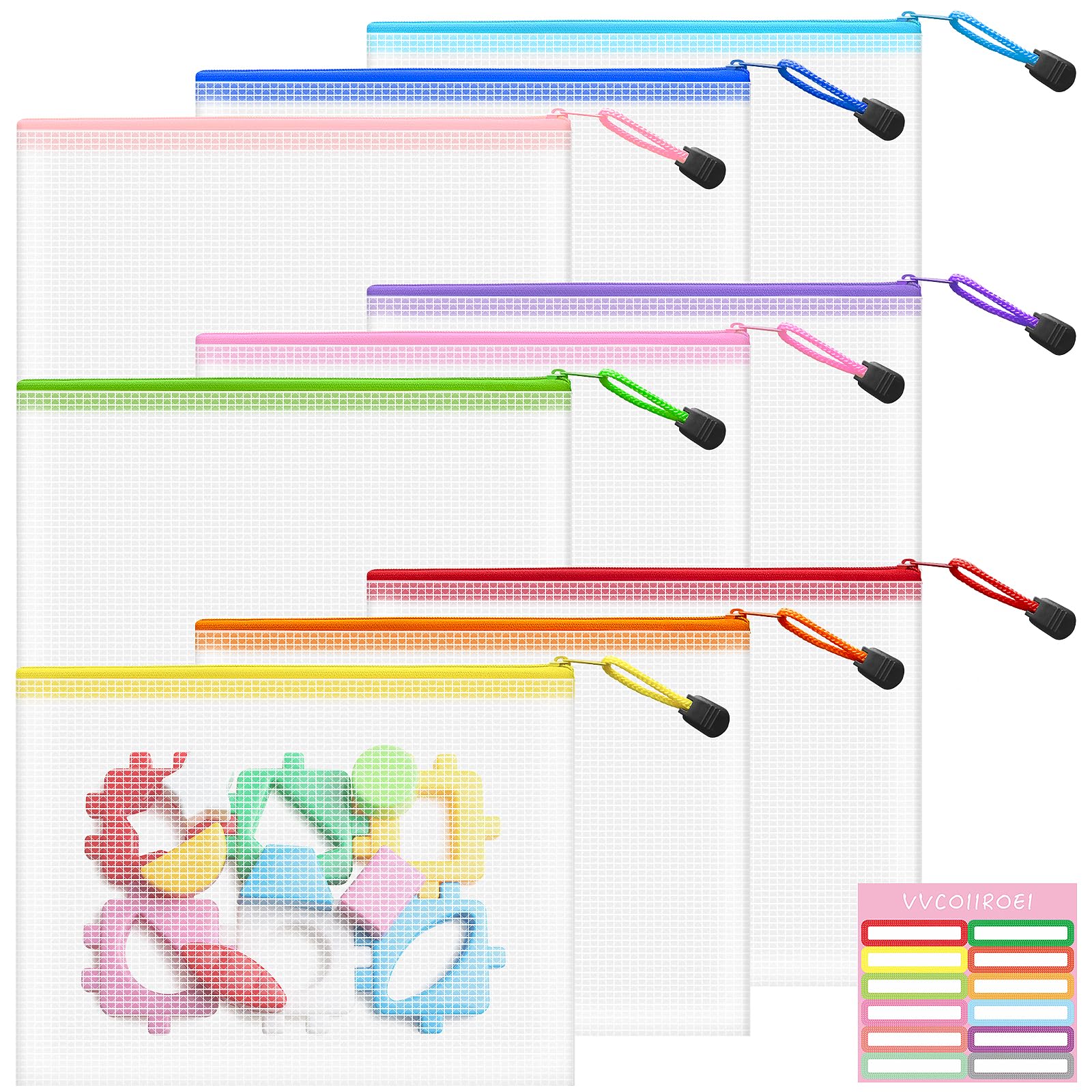 9pcs Mesh Bags with Zipper, A5 9.5x7.2 Inches, 9 Colors Clear Zipper Pouches for Organizing, Puzzle Storage, Travel, School, Office Supplies