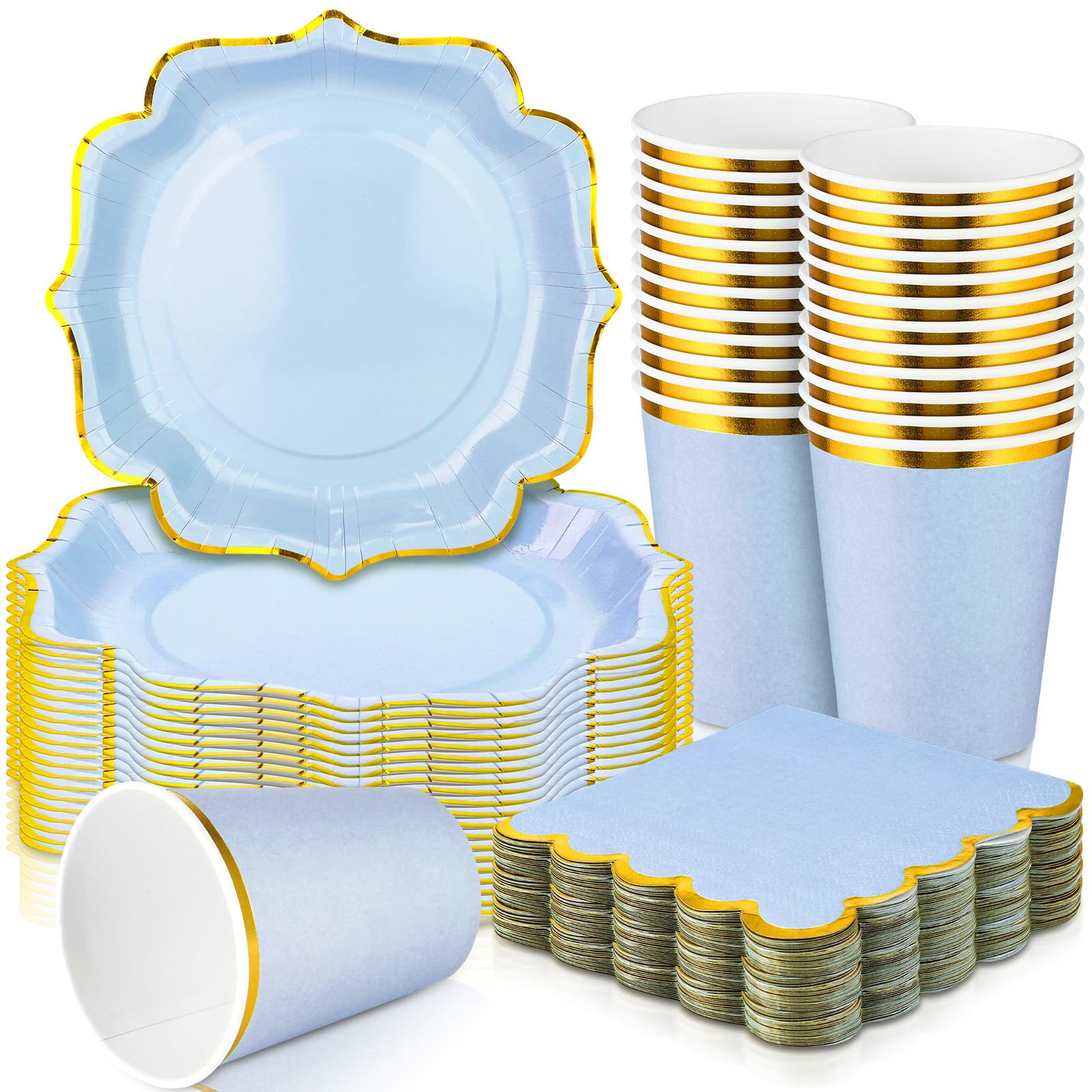 Gejoy 72 Pcs Plates and Napkins Party Supplies Disposable Dinnerware Set Sage Paper Dinner Plates 9 oz Cups and Fancy Napkins for Birthday Wedding Baby Shower Party Decor Serve 24 Guests(Blue)