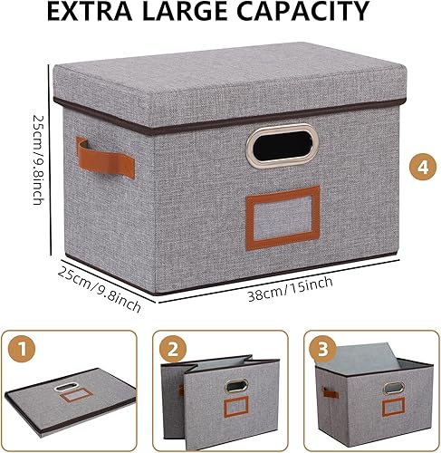 Miniatura 6 de OUTBROS Contenedores de almacenamiento de tela con tapas, con asas de cuero, cajas de almacenamiento plegables de tela, para el hogar, dormitorio,