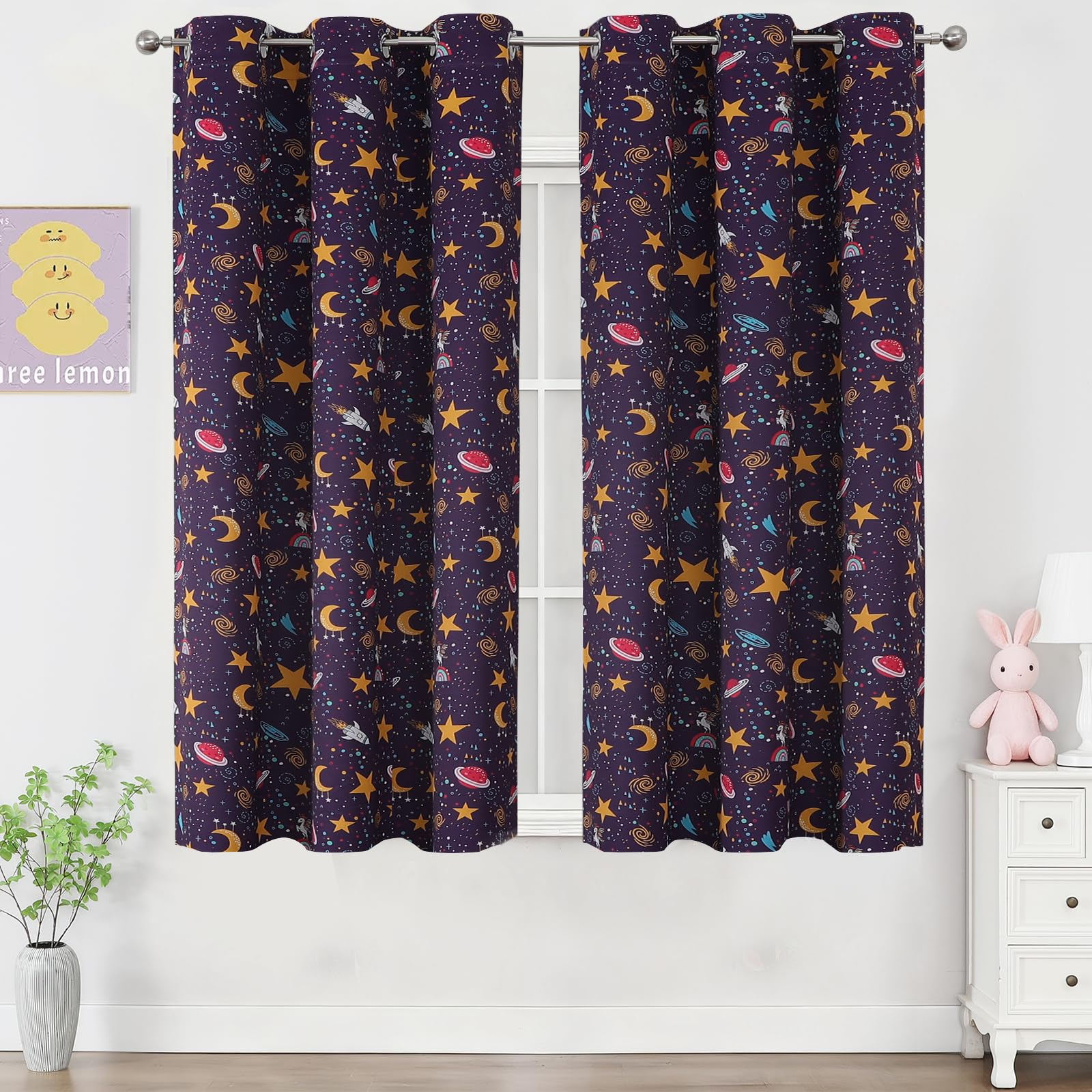 VEHEDE Sweet Purple Kids Blackout Curtains for Girl Bedroom Star Moon Unicorn Thermal Insulated Darkening Eyelet Curtains for Children's Bedroom Decor