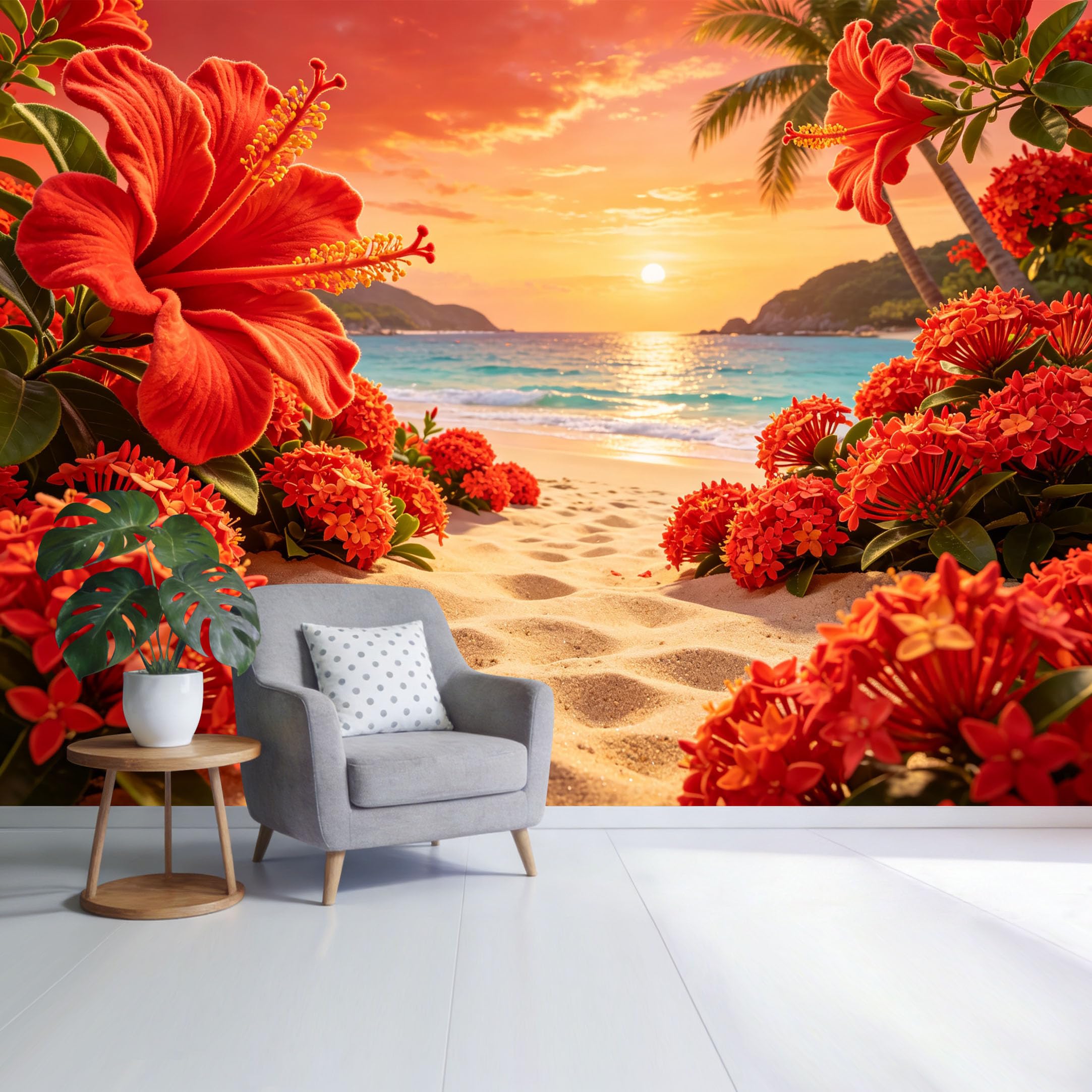 Custom Size Wall Mural Tropical Hibiscus Flowers Beach Sunset Coastal Landscape SelfAdhesive Wall Fabric Removable Wallpaper for Home Office Decor