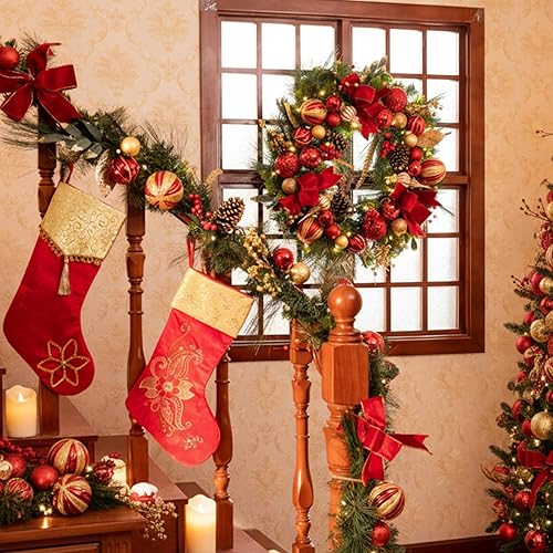 Miniatura 5 de Valery Madelyn Guirnalda de Navidad preiluminada de 9 pies con luces para manto, guirnalda de Navidad iluminada al aire libre con bolas de oro rojo