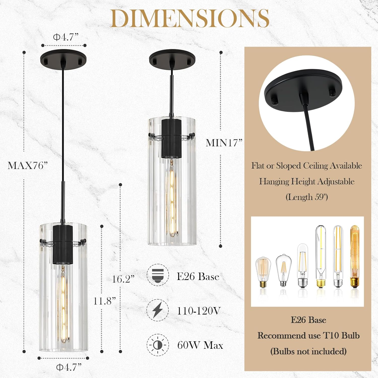 Glass Black Pendant Light, 2 Pack Modern Kitchen Island Pendant Lighting with Ribbed Glass, Adjustable Cord Pendant Light for Over Island, Dining Room, Bathroom Bedroom