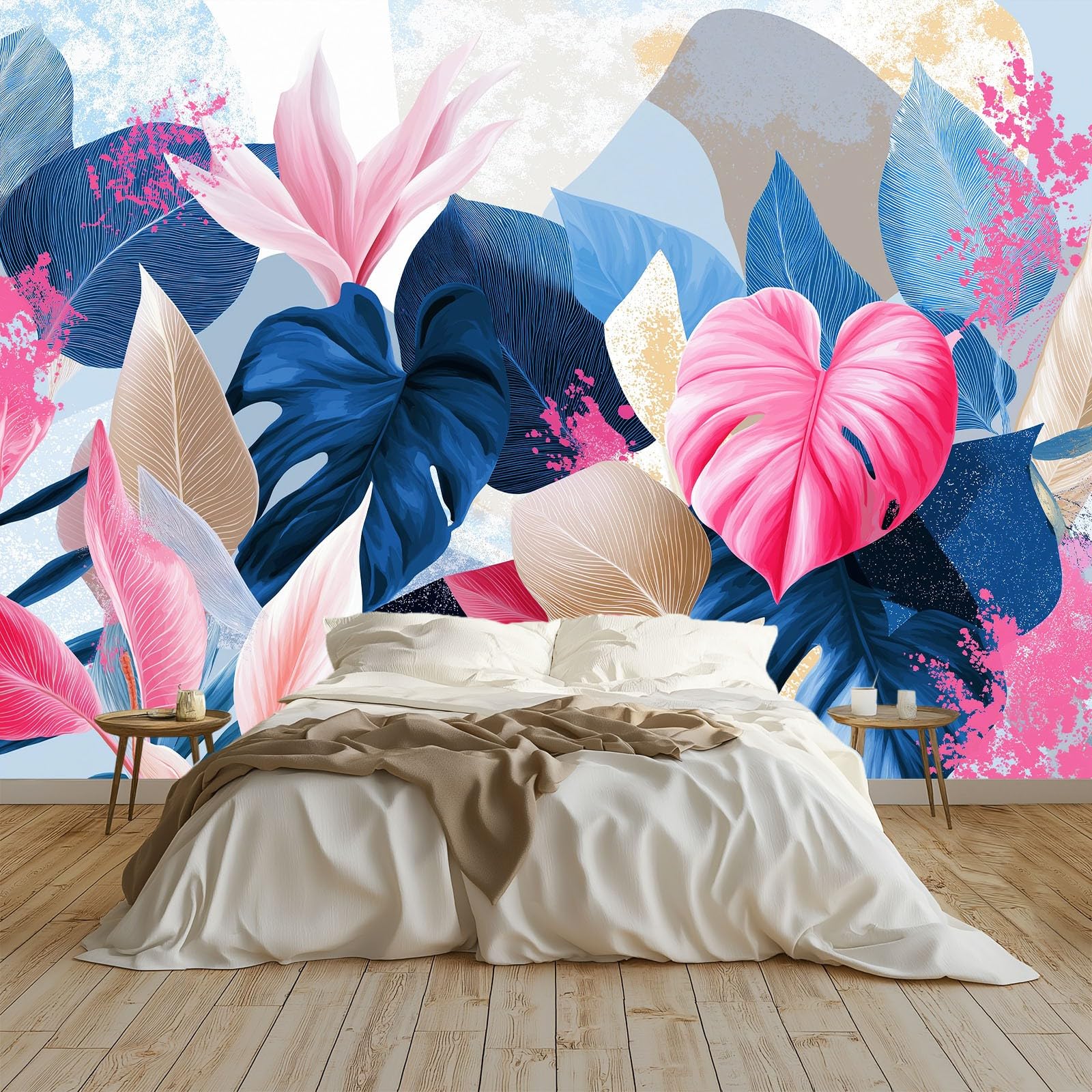 Générique Panoramiczna tapeta akwarela rośliny monstera tropikalne liście 3D 300 x 210 cm, włóknina XXL nowoczesna dekoracja ścienna salon sypialnia biuro pokój dziecięcy, biała