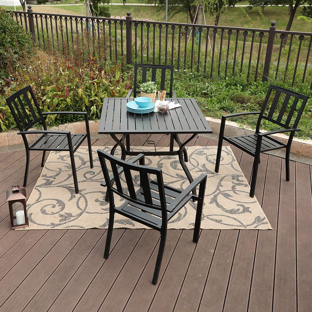 PHI VILLA Gartenmöbel Set mit Gartentisch und Stühle 4er Set Metall Terrassen Outdoor Bistro Garten Möbel Sets Wetterfest Garten Sitzgruppe Stapelbare Stühle Sparen Platz