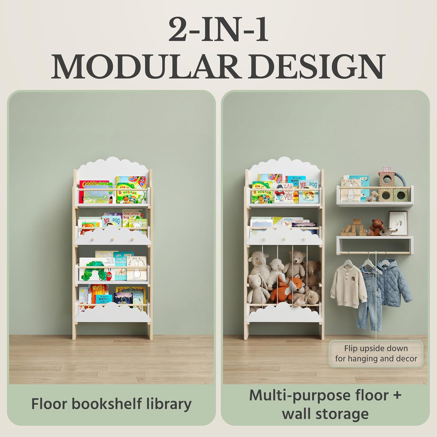 Montessori Bookshelf for Toddlers with Toy Storage & Hooks | Front Facing Kids Bookshelf | Nursery & Playroom Organizer | 4-Tier Kids Book Rack | Floor or Wall Mounted Modular Design