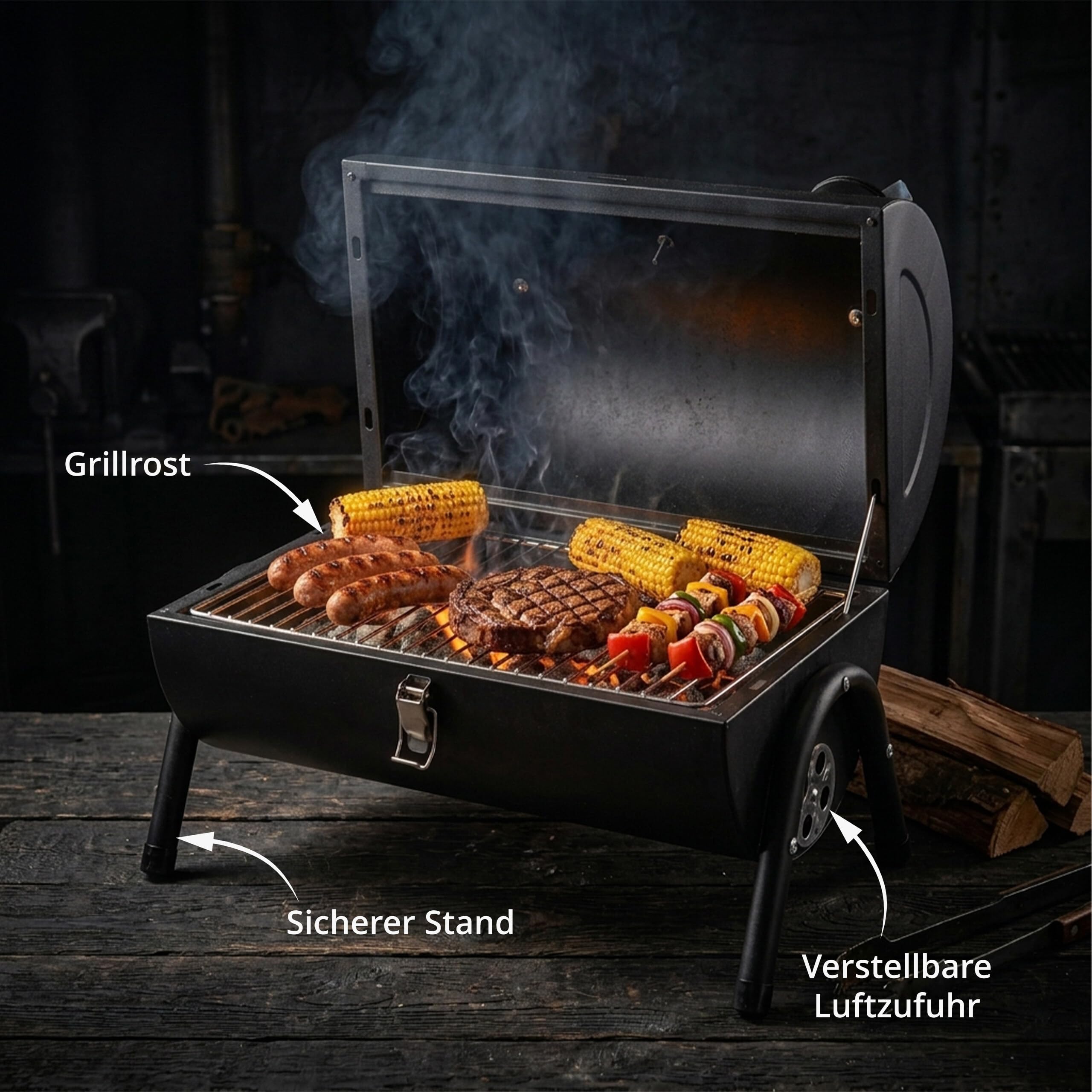Relaxdays Campinggrill, 2 Kohleschalen, Thermometer, Rauchabzug, schwarz
