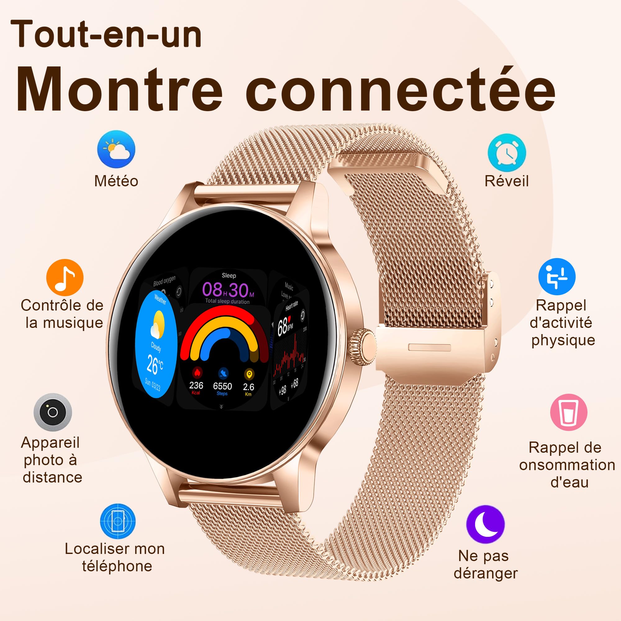 Montre Connectée Femme avec Appel Bluetooth, 1.27" HD Rond | Montre Sport pour iOS Android, Fréquence, Cardiaque, Sommeil, SpO2, 110+ Sportifs, IP68 étanche, 3 Bracelets, Or rose