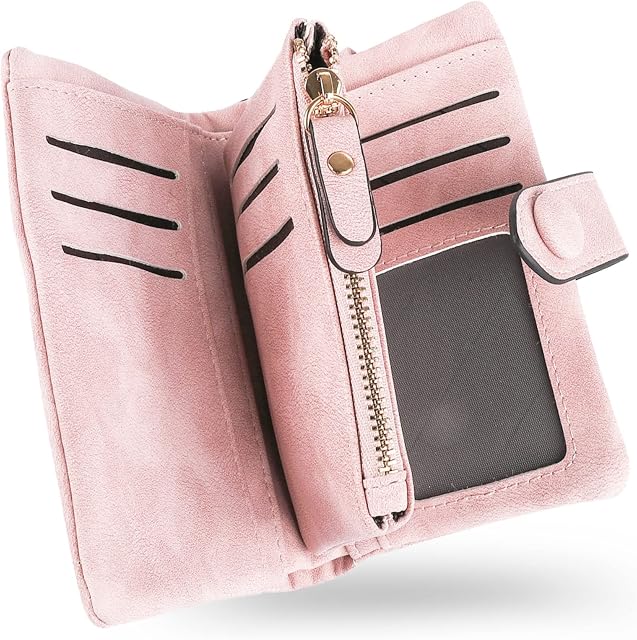 conisy Small Wallet for Women, Leather Bifold Multiple Card Slots Ladies Purse with RFID Protection (Pink)