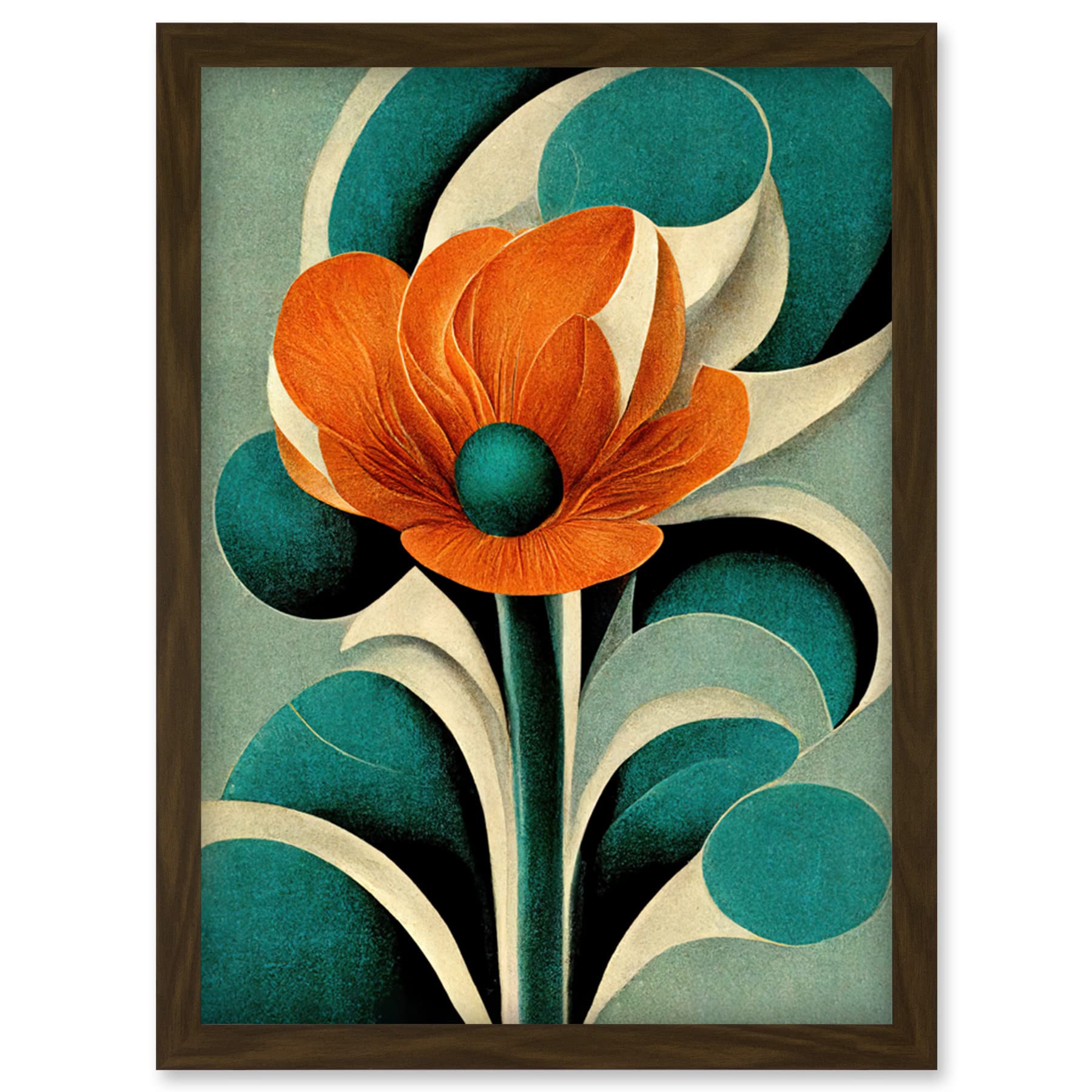 Doppelganger33 LTD Art Deco Poppy Flower Teal Orange Cream Artwork Framed Wall Art Print A4