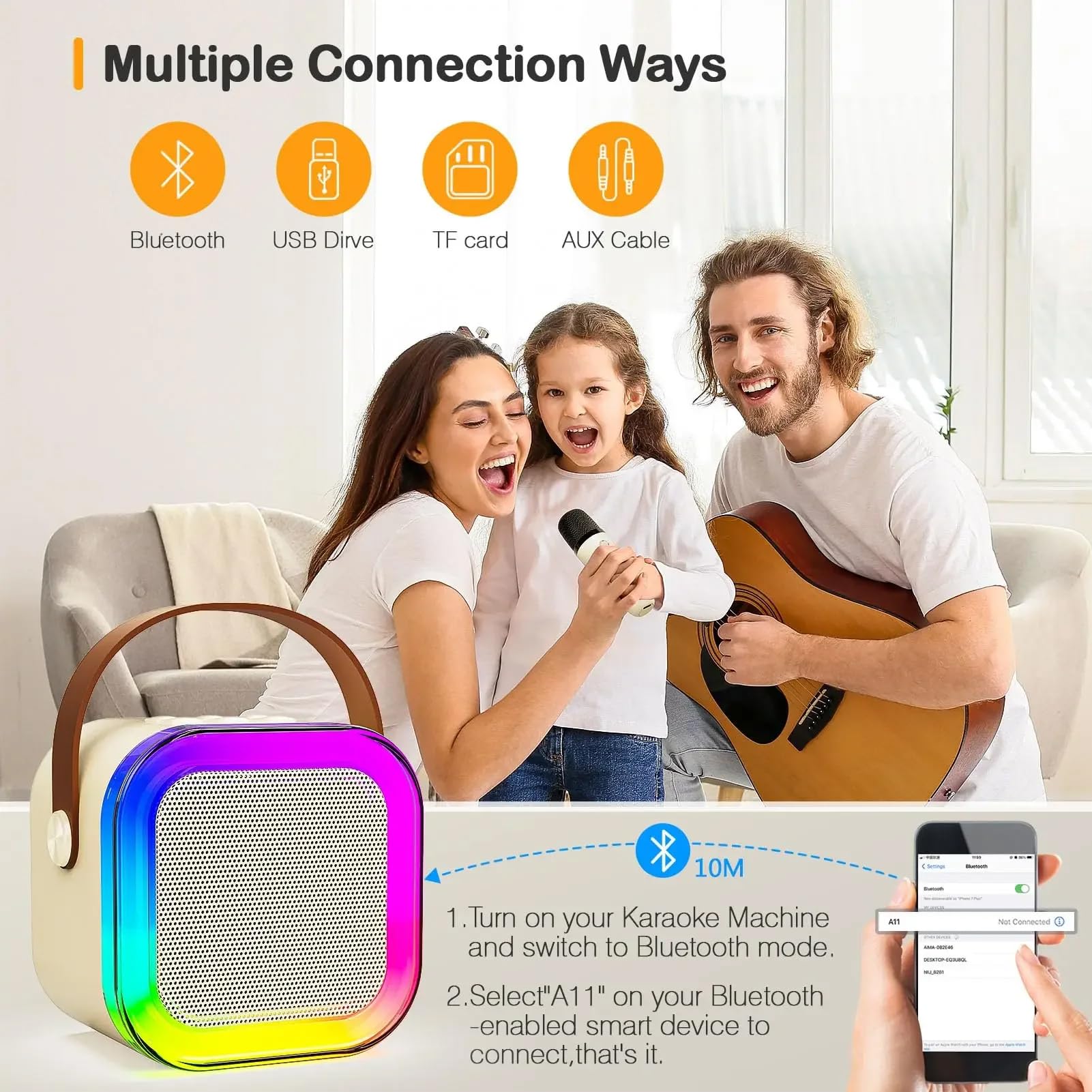 Mini urządzenie do karaoke, przenośny głośnik do karaoke Bluetooth z nastrojowym oświetleniem RGB i 2 mikrofonami, obsługuje 4 zmiany efektów dźwiękowych (White)