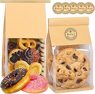 50 Pack Cookie Bags with Seal, 8.2x3.9x3.1 Inch Tin Tie Tab Lock Bakery Bags with Window Resealable Paper Packaging Bag for Muffin, Granola, Candies, Scone, Brownie, Included 50 Thank You Stickers