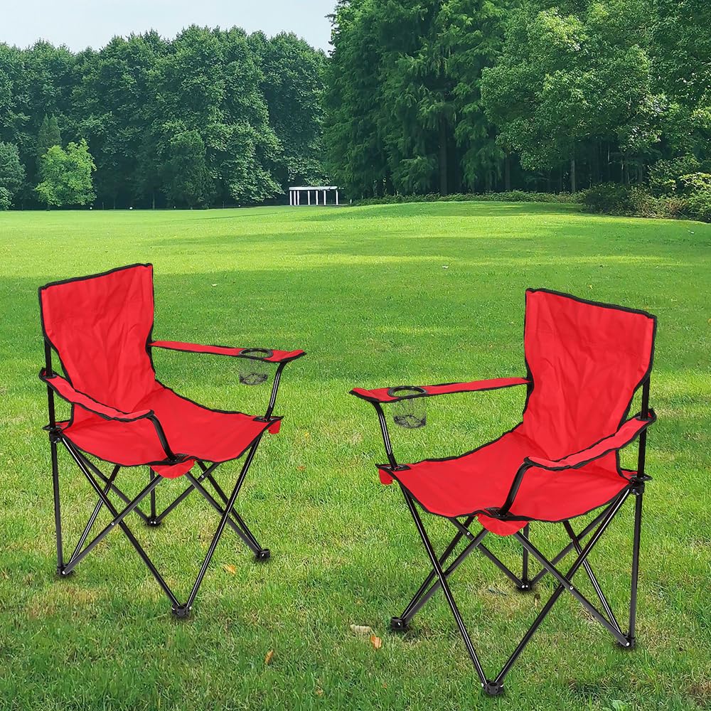 Lot de 2 Chaise Pliante Camping Fauteuil Pliable Chaise de Plage Ultra léger avec Porte Gobelet, Rembourrage en Mousse, Idéal Voyages, Pêche, Festival, Camping, Plage-Rouge-2PC