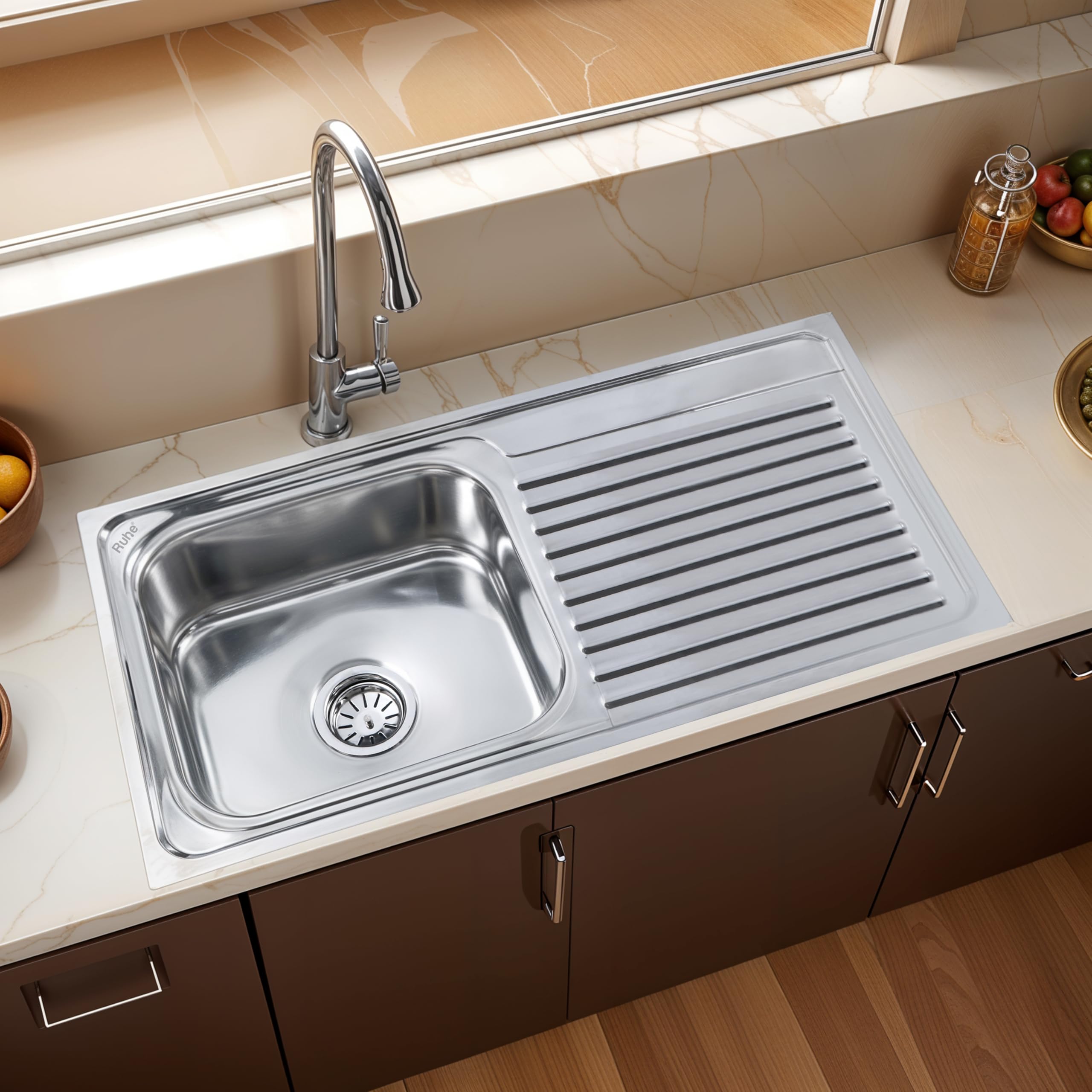 Ruhe® Square Single Bowl 37x18x8 Inches Drainboard Kitchen Sink | Premium Stainless Steel Sink with Glossy Finish | Sink Coupling & Waste Pipe Included (B08ZNH23TB) Amazon Price History, Amazon Price Tracker