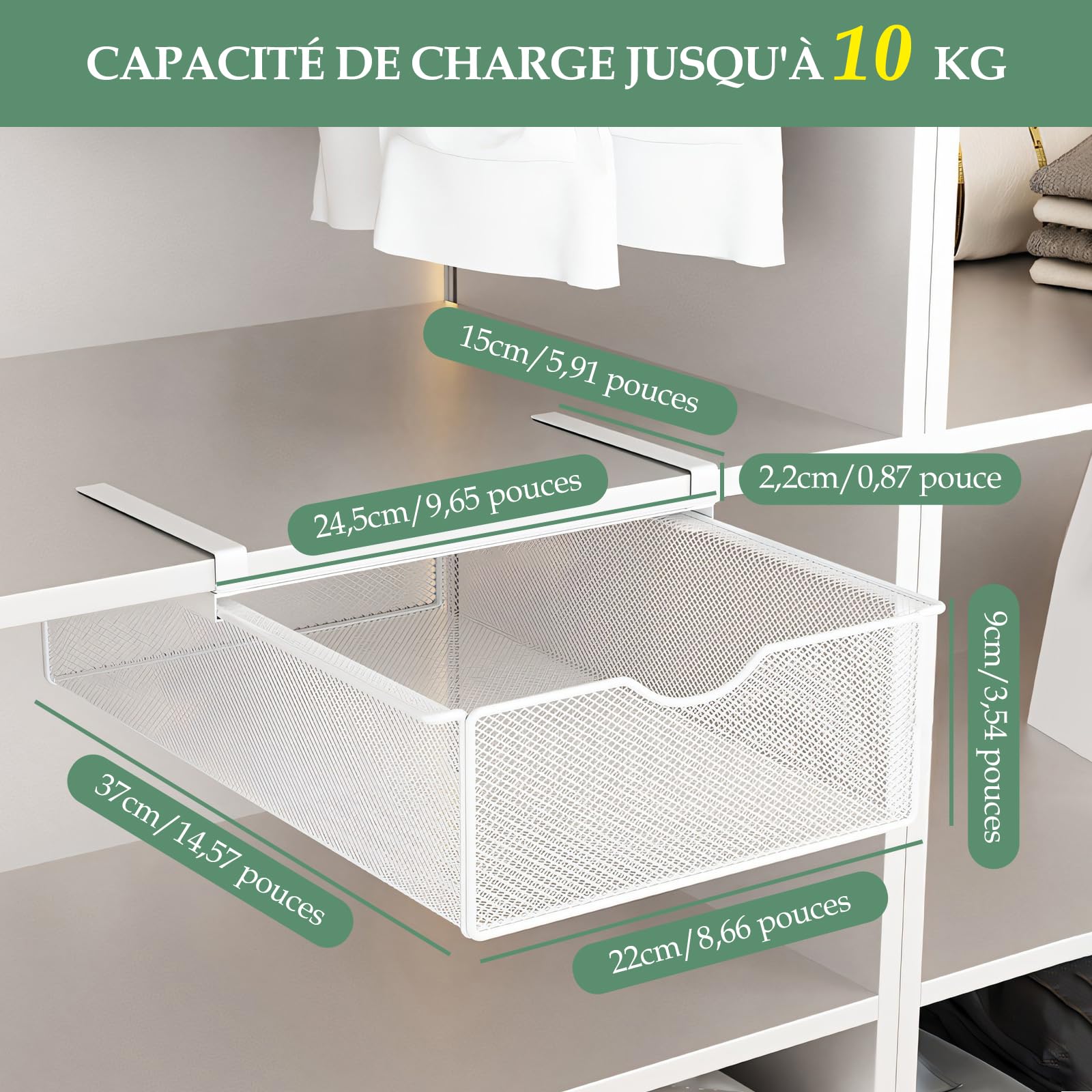 LOVIVER Organiseur de Placard à Suspendre Tiroir Coulissant Suspendu Panier de Rangement en Métal Rangement sous Vêtement Coulissant pour Lit Superposé, Rails de Lit et Armoire, Blanc