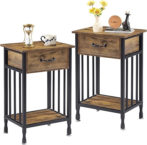 Miniatura 53 de VECELO Mesitas de noche, mesa auxiliar industrial/mesas auxiliares con cajón y estante de almacenamiento, mesitas de noche para dormitorio, sala de