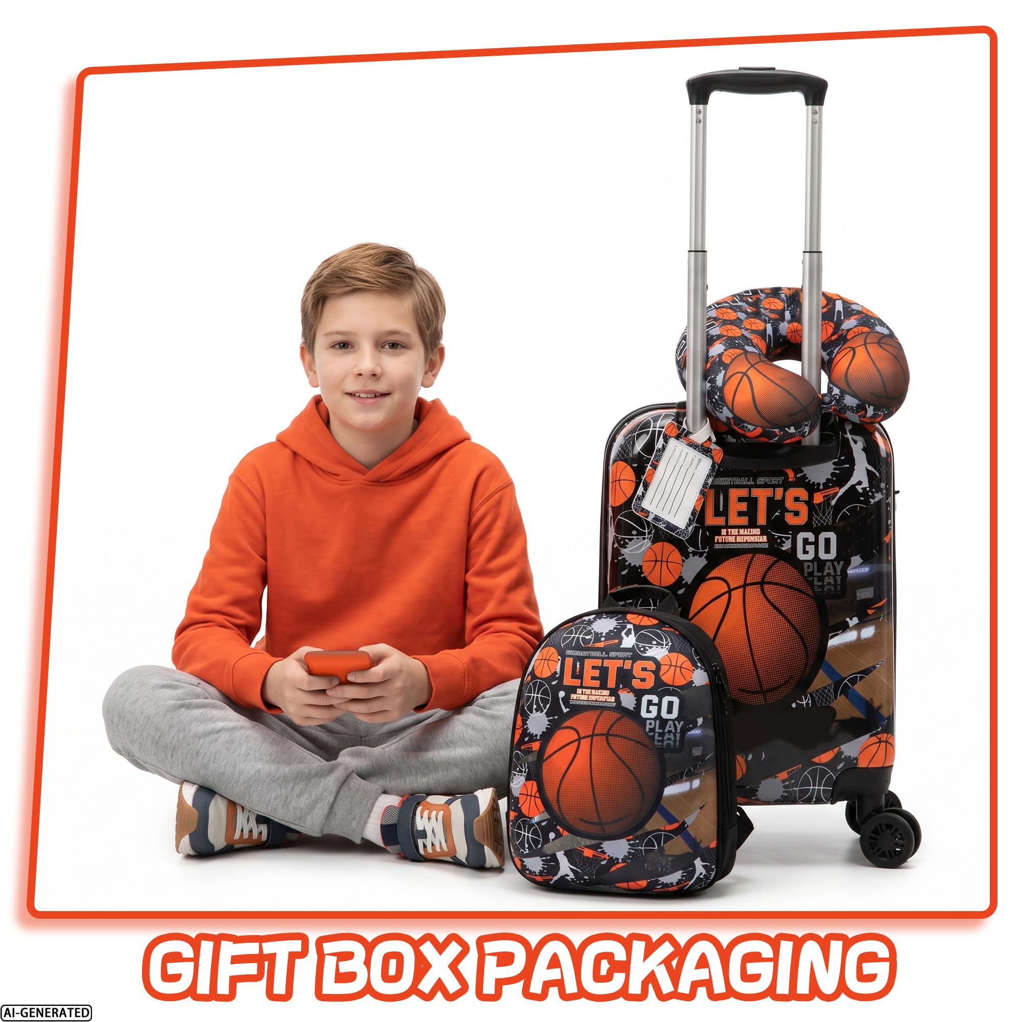 HTgroce Valigie per Bambini Basket– Trolley Bambini Rigido con 4 Ruote Girevoli 360° – Include Zainetto – Ragazzo Bagaglio a Mano per Viaggi e Aereo
