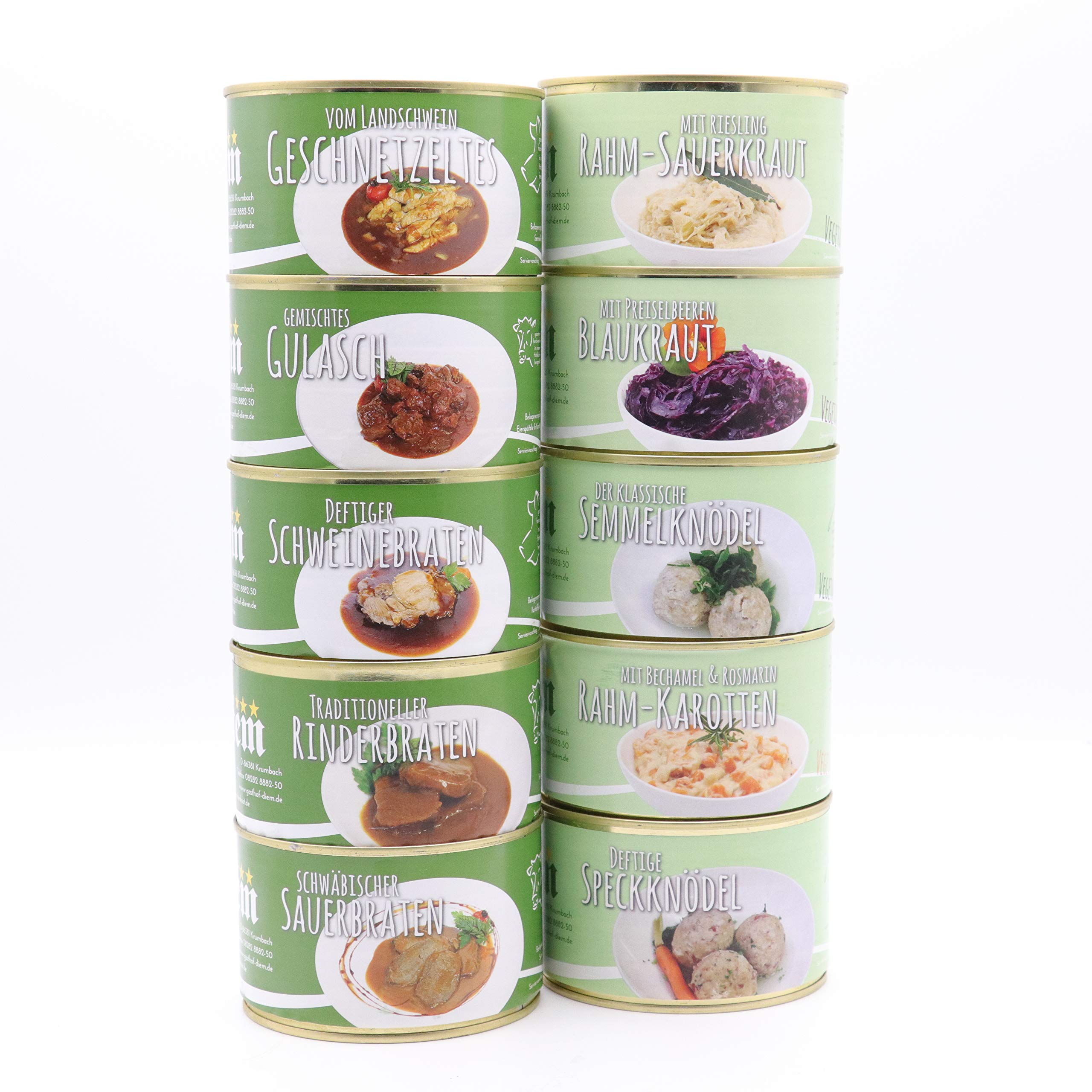 Zestaw racji żywnościowych na 5 dni - menu 5 dań - pieczeń wieprzowa, gulasz, pieczeń, rostbef, kotlety wieprzowe; Diem - 10 konserw x 400 g, długi termin przydatności do spożycia