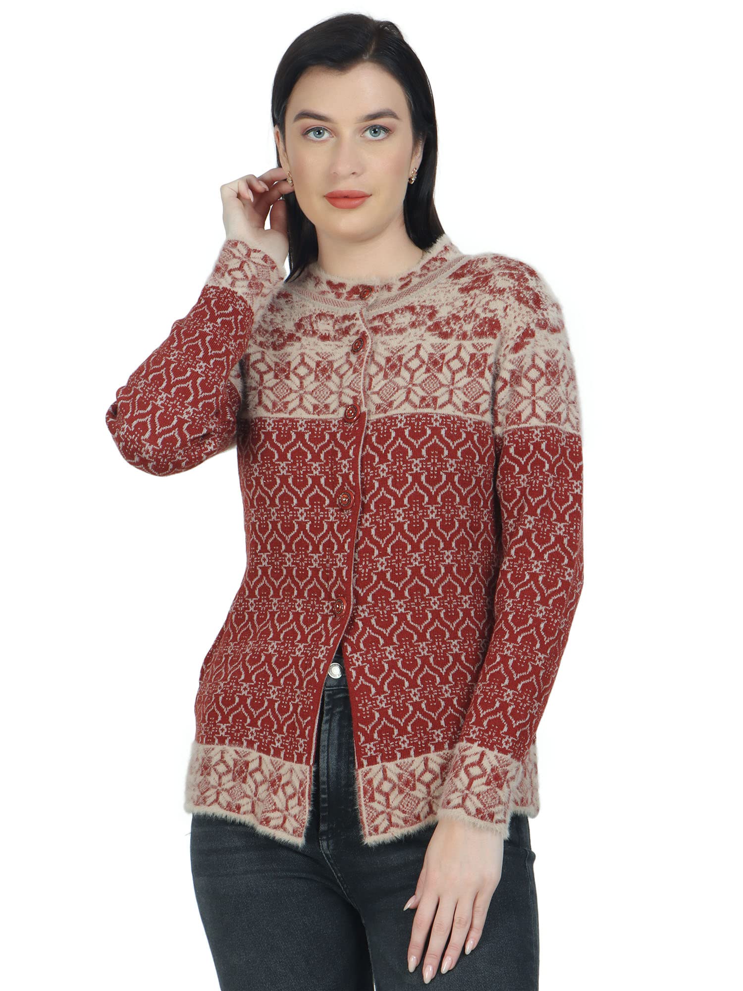 chatanya Premium Women's Buttoned Pure Woollen Cable-Knitted Cardigan/Sweaters (100% Acrylic Wool) (M, Maroon)-picture-18