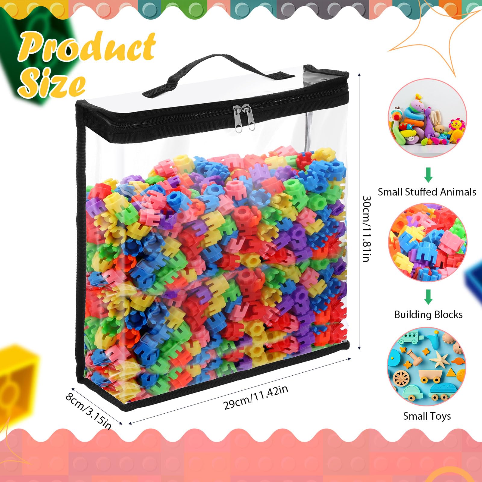 GliCraft 3 Pcs Toy Storage Bags with Zipper Clear PVC Organizing Bags with Zippered Waterproof for Storage Transparent Plastic Travelling Pouch for Toys Building Blocks Kids Books Puzzles