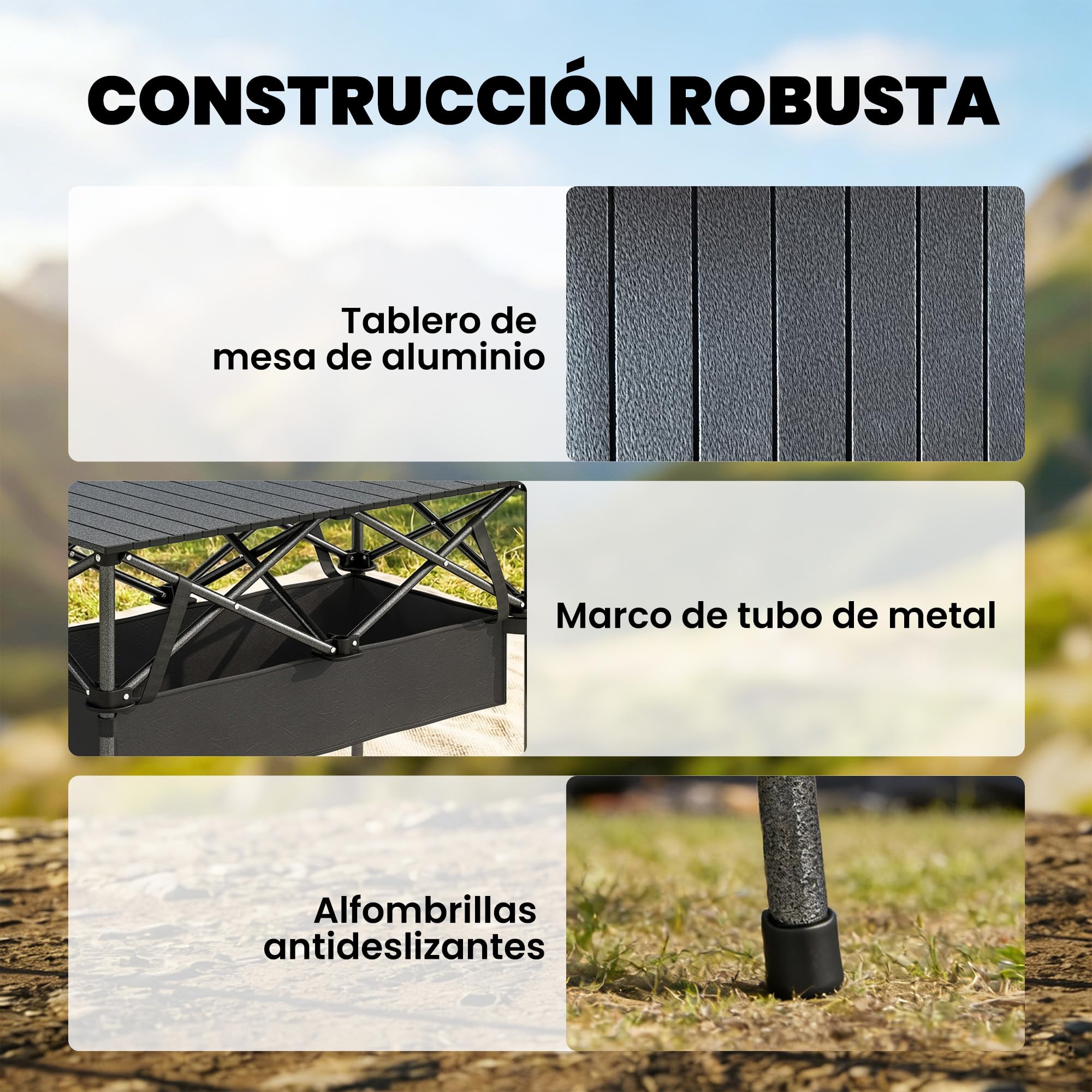 Outsunny Mesa Plegable Camping, 93x55x68 cm, Mesa Plegable Portátil con Red de Almacenamiento, Encimera Enrollable de Aluminio, Marco Metálico, Bolsa de Transporte, para Acampar, Senderismo, Negro