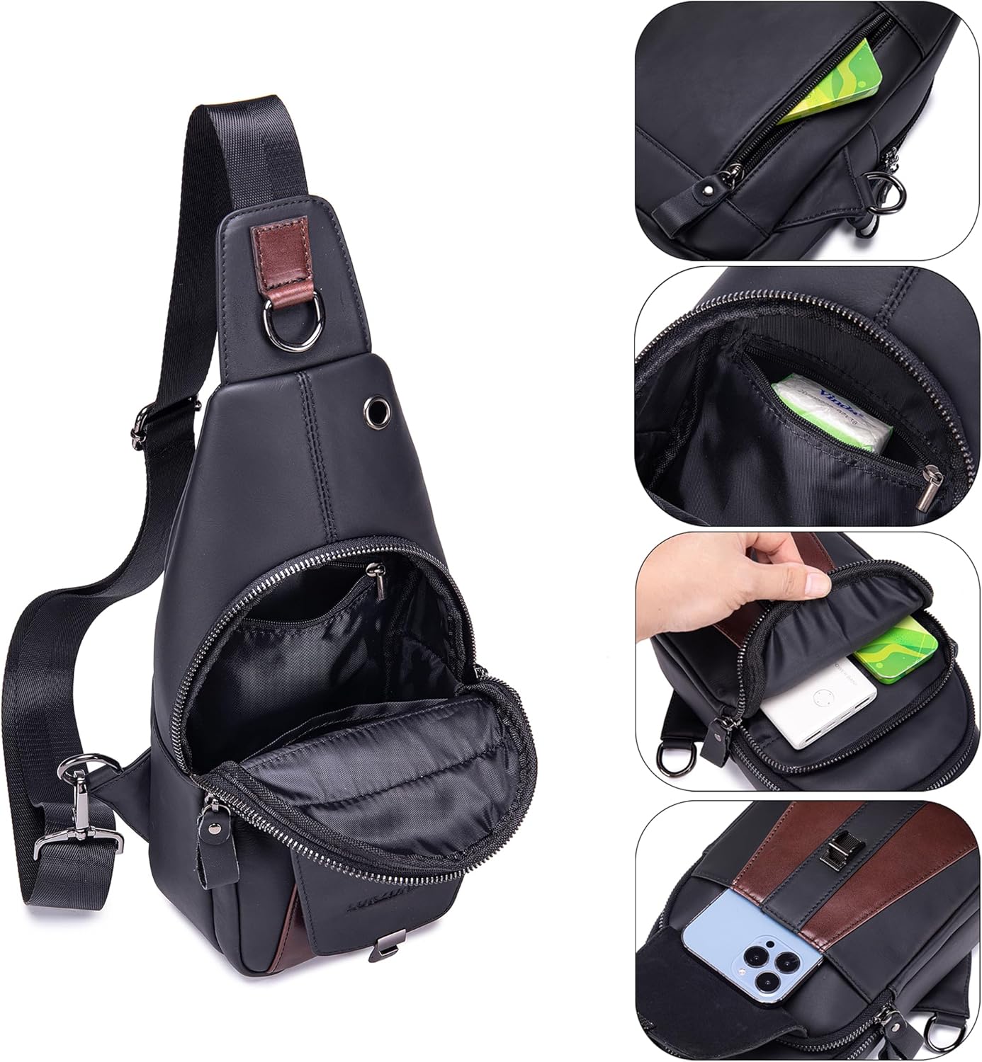 LUKZIJAES Genuine Leather Sling Bag for Men Vintage Crossbody Bag Men Chest Pack Mens Cross Shoulder Bags Hiking Daypacks Travel Backpack (#2-Black) - Image 5