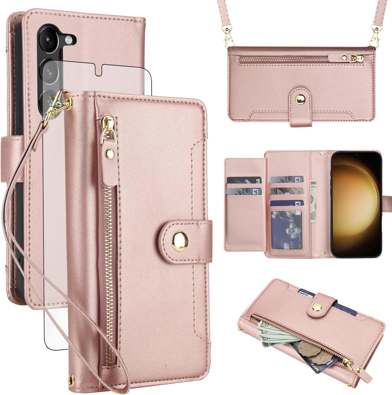 Asuwish Phone Case for Samsung Galaxy S23 Plus S23+ 5G Zipper Wallet Cell Cover, with Tempered Glass Screen Protector and Strap, Card Holder S23plus 23S + S 23 23+ SM-S916U 6.6 inch Women Rose Gold