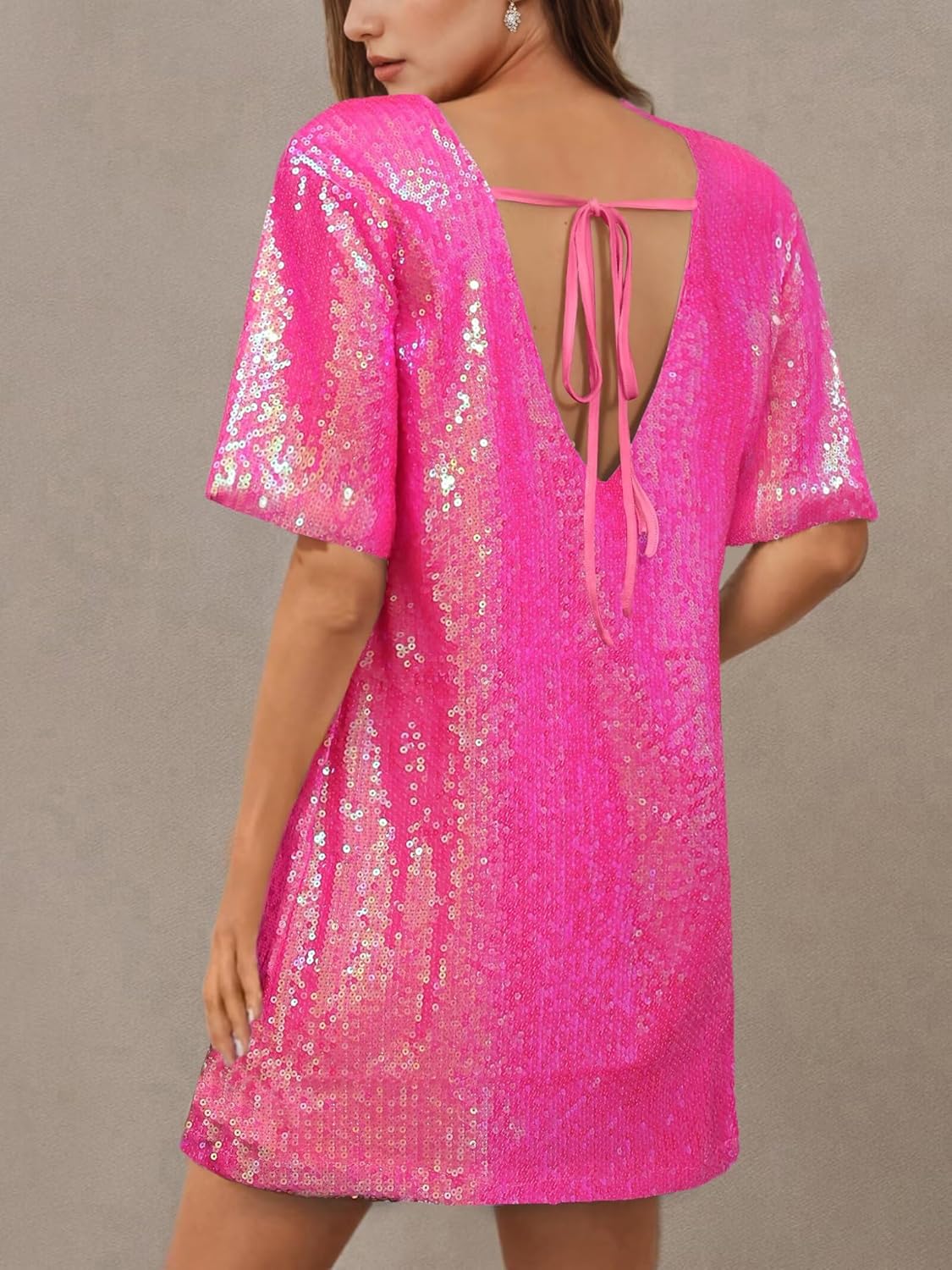 Ophestin Women's Sparkly Sequin T Shirt Dress Short Sleeve Crewneck Tie Backless Glitter Party Club Dresses - Image 3
