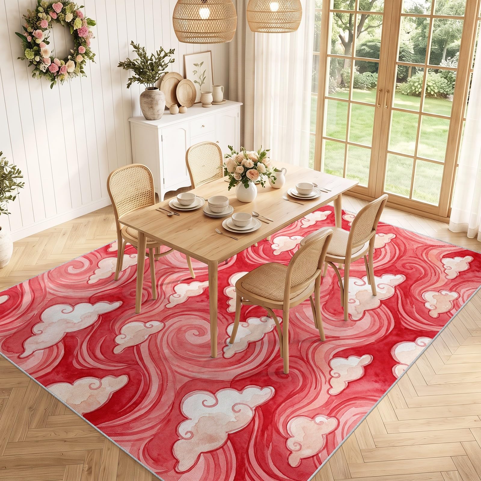 Tappeto lavabile per soggiorno, motivo astratto, acquerello, antiscivolo, romantico, nuvole, spirali, a pelo corto, per camera da letto, sala da pranzo e cucina, in morbida flanella, 80 x 120 cm, rosa