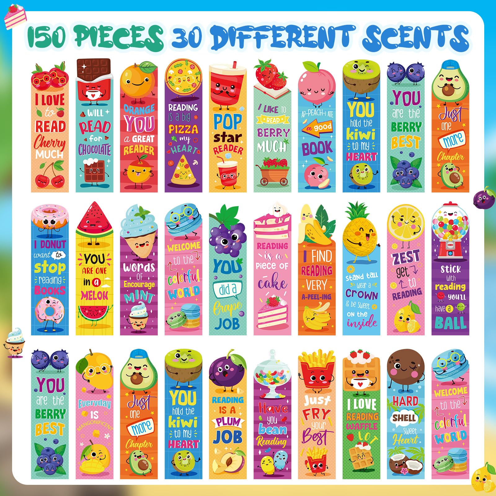 Lincia 150 marcapáginas perfumados para rascar y oler, bonitos marcapáginas para niños, fruta, alimentos, divertidos, marcapáginas perfumados surtidos para estudiantes, adolescentes, amantes de la