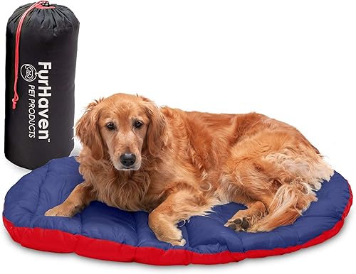 Furhaven cama lavable para mascotas, para perros y gatos, tapete acolchado para exteriores, campamentos y senderos, con bolsa de transporte, rojo