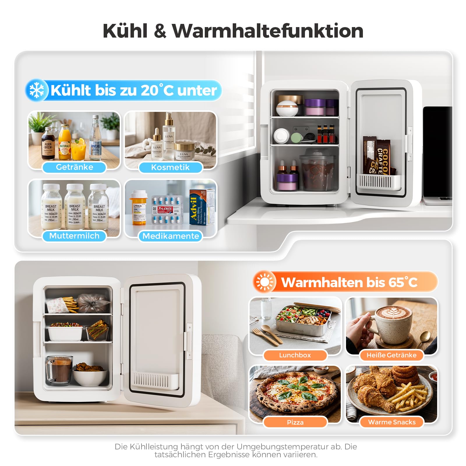 YASHE Mini-Kühlschrank 10L, kleiner Kühlschrank für 12 Dosen, AC/DC Thermoelektrischer Kühler und Wärmer, leiser Mini Kühlschrank für Hautpflege, Getränke, Schlafzimmer, Büro, Auto, Weiß