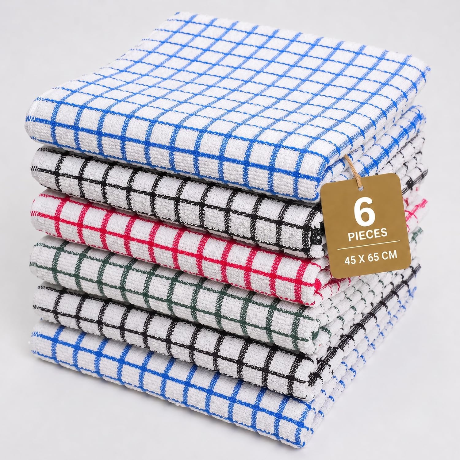 Gift Hub Kitchen Tea Towels Set, 100% Cotton Terry Cleaning Cloths | Highly Absorbent Small Check Towels for Drying Dishes & Glassware, Home Essentials | 45 x 65 cm, Assorted Colors - Pack of 6